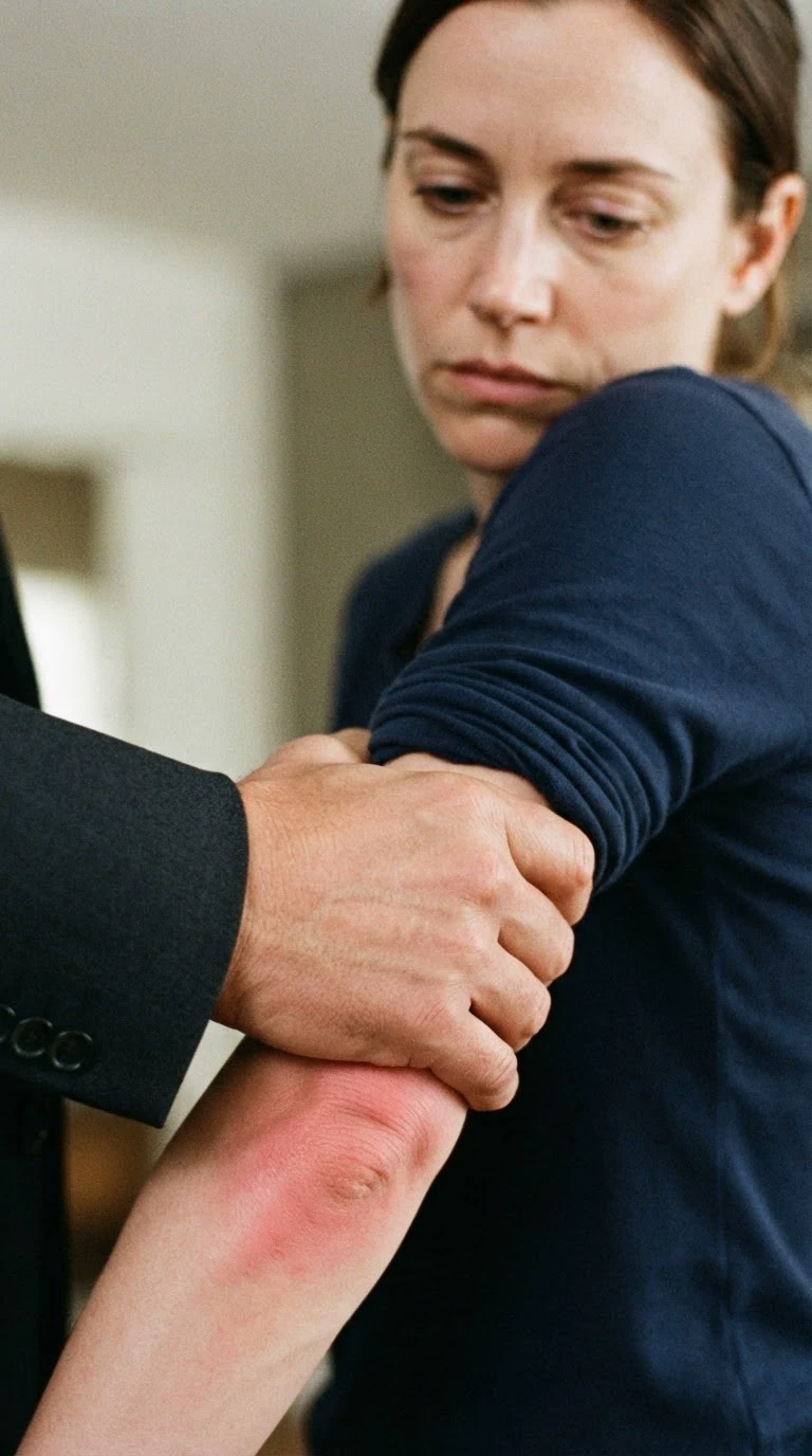 A man's hand grips a woman's upper arm hard, leaving red marks, in a bright office.