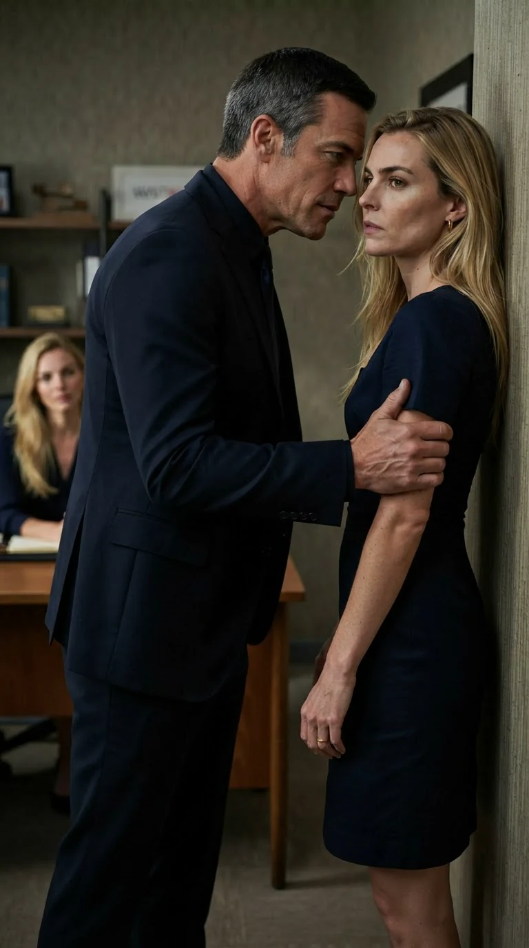The husband speaks low and threatening, still holding his wife's arm, his face close to hers.