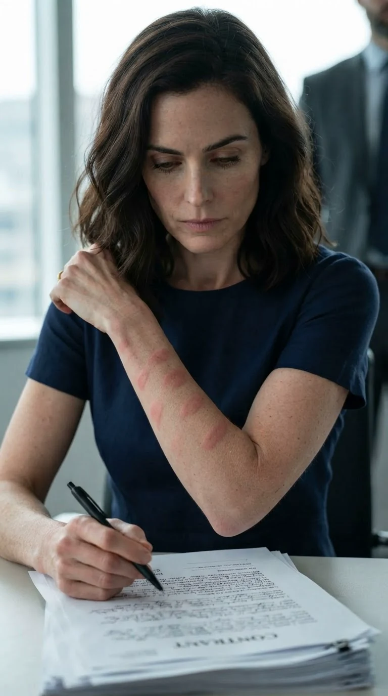 A woman looks down at red finger marks on her arm, her face calm and cold.