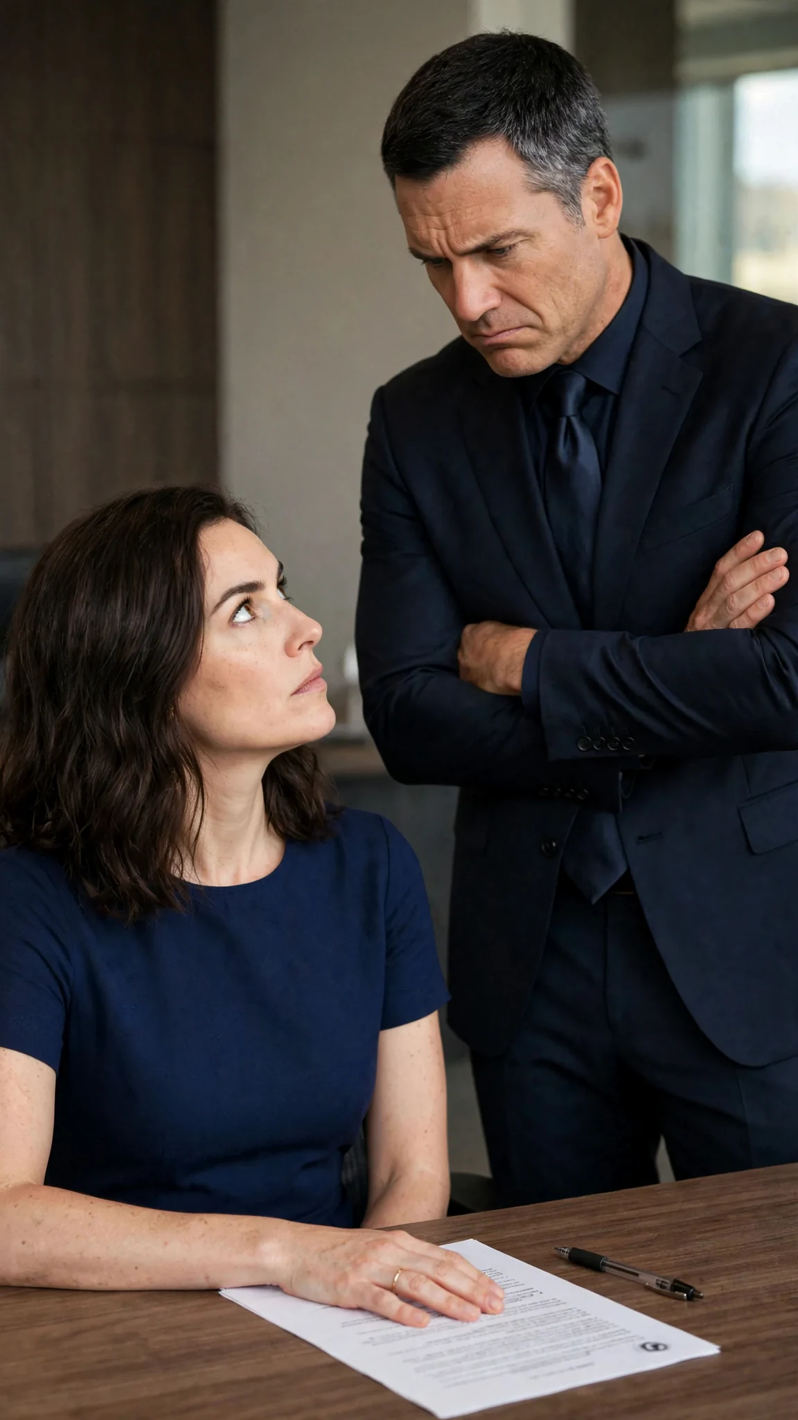 A woman puts down a pen and keeps her hand flat on the signed contract, looking up at her husband.