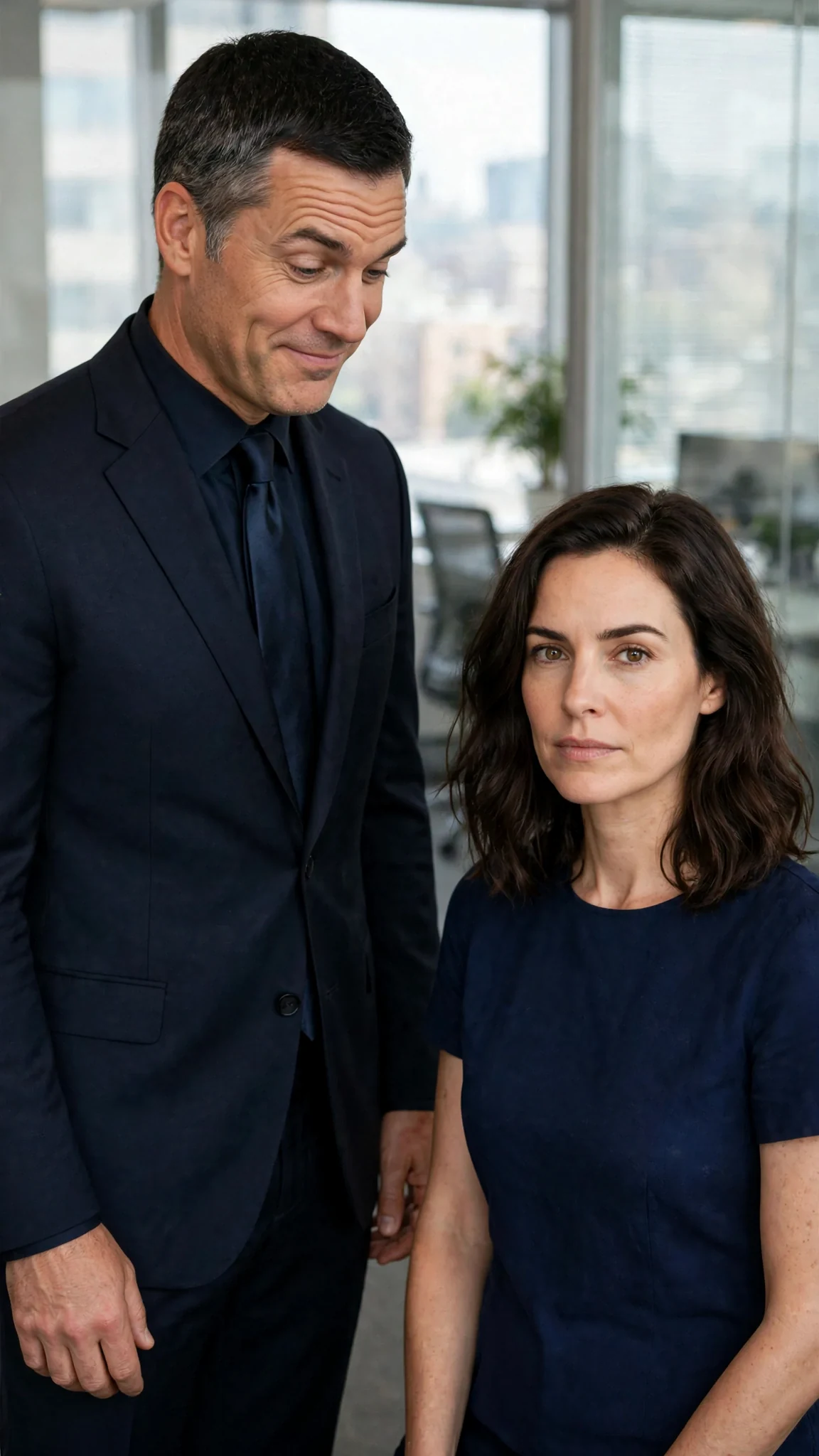 The husband looks his wife up and down with a cruel, dismissive expression.