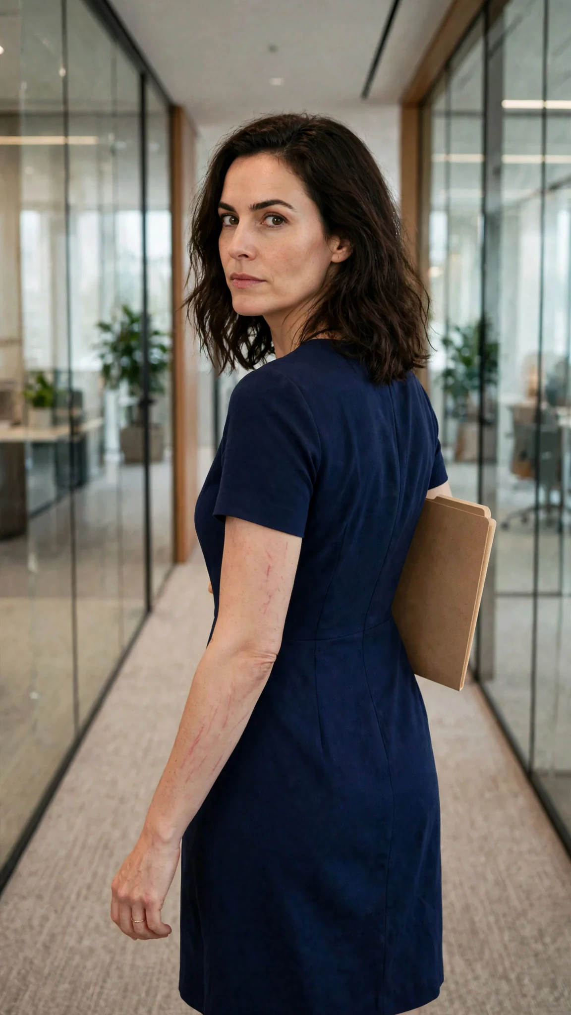 A woman walks out of an office holding a folder, the red marks visible on her arm, hallway stretching ahead.