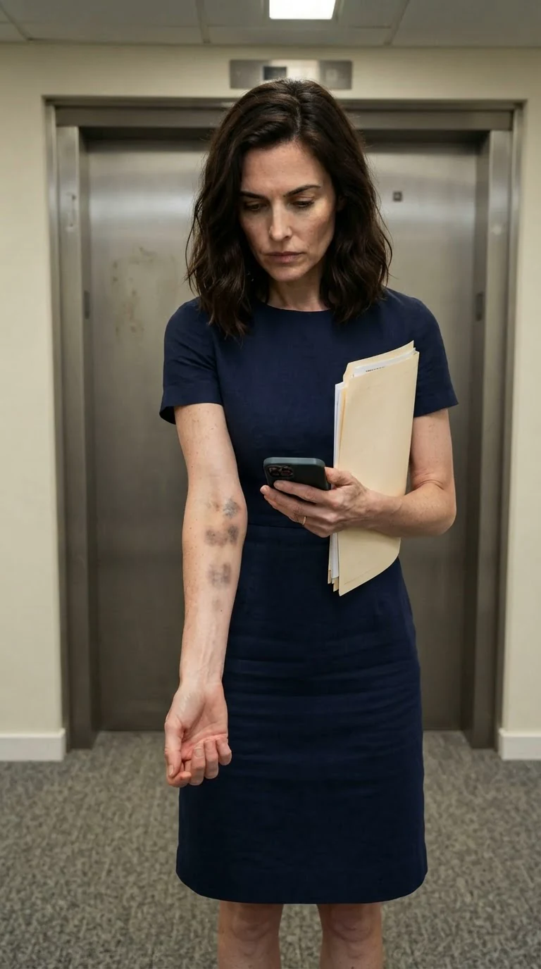 A woman stands outside an elevator, phone in hand, looking at the marks on her arm.