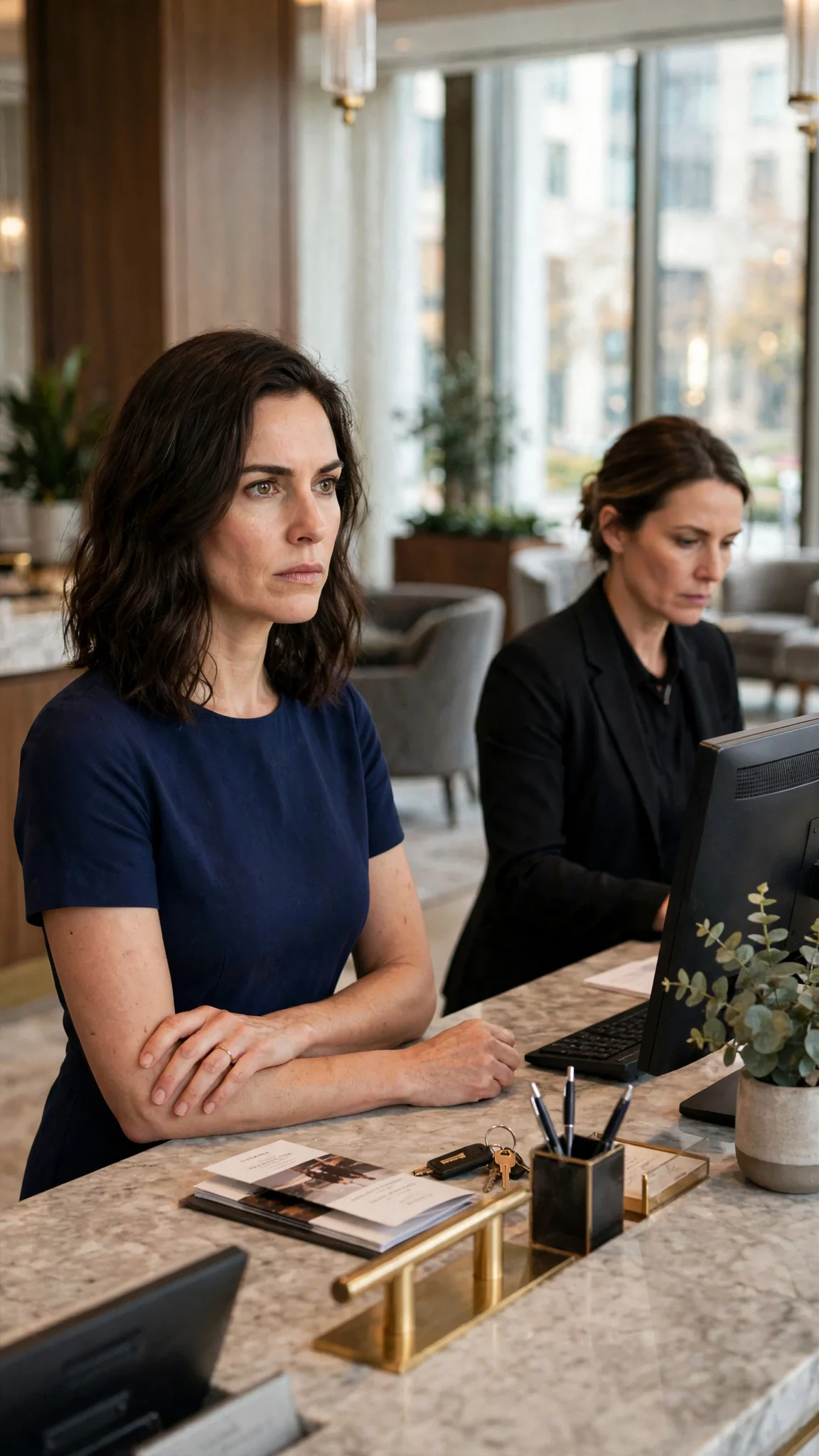 Lena stands at the hotel front desk asking for her car while a clerk keeps her eyes on the screen.