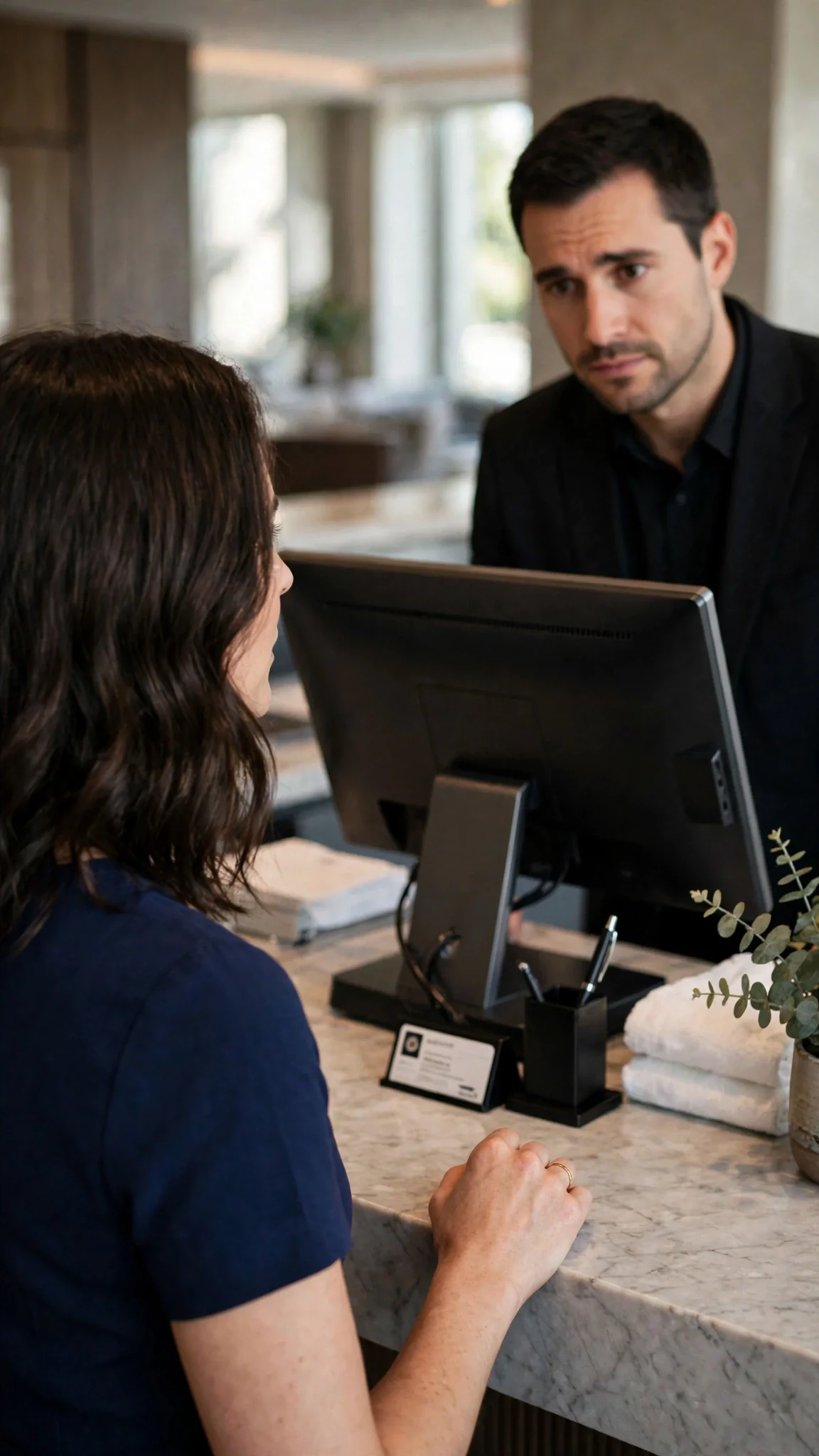 The clerk turns her monitor slightly toward Lena, showing a screen Lena will not read.