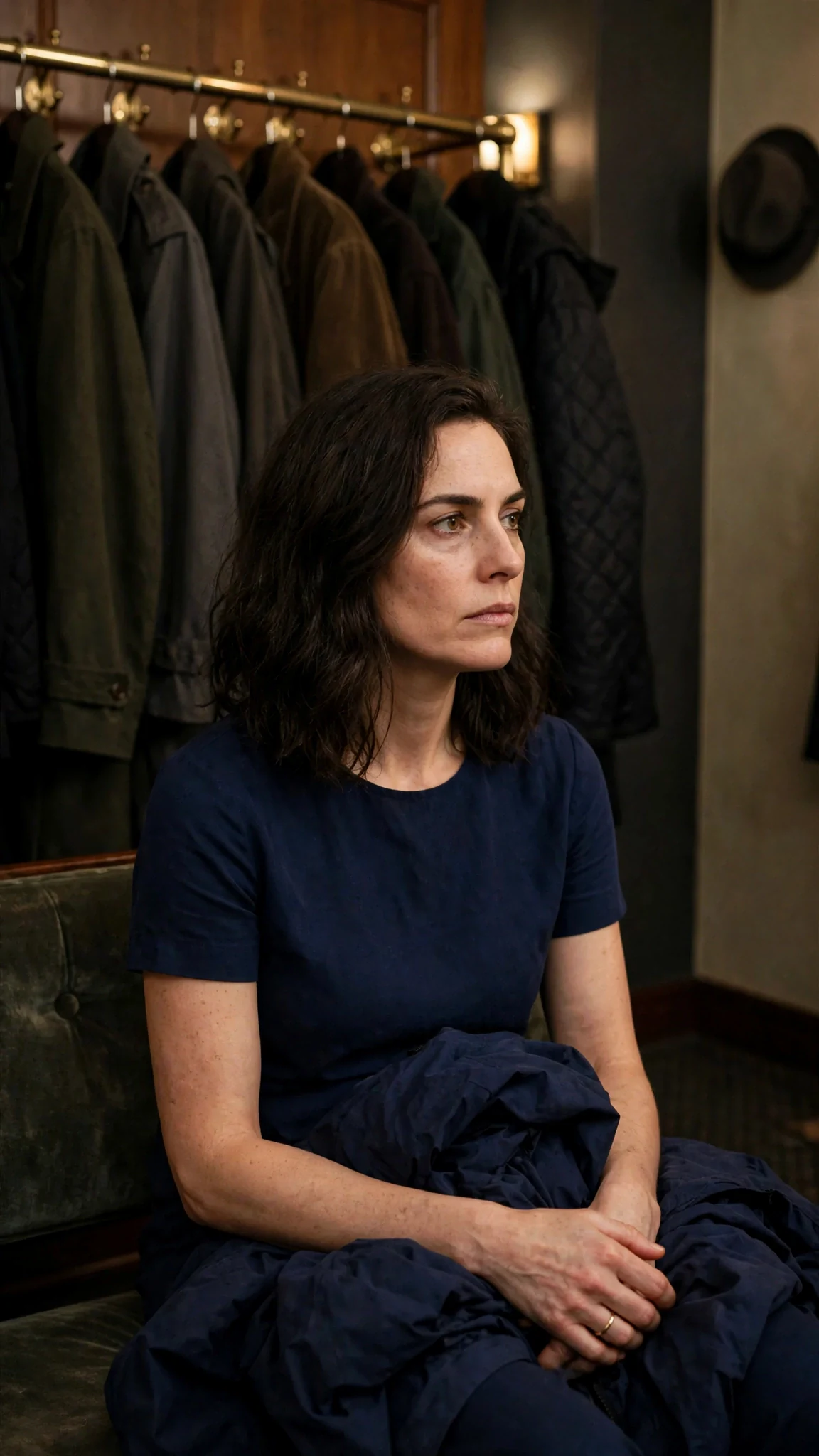 Lena sits alone in a hotel coat room on a bench, coat in her lap, coats on a brass rack.