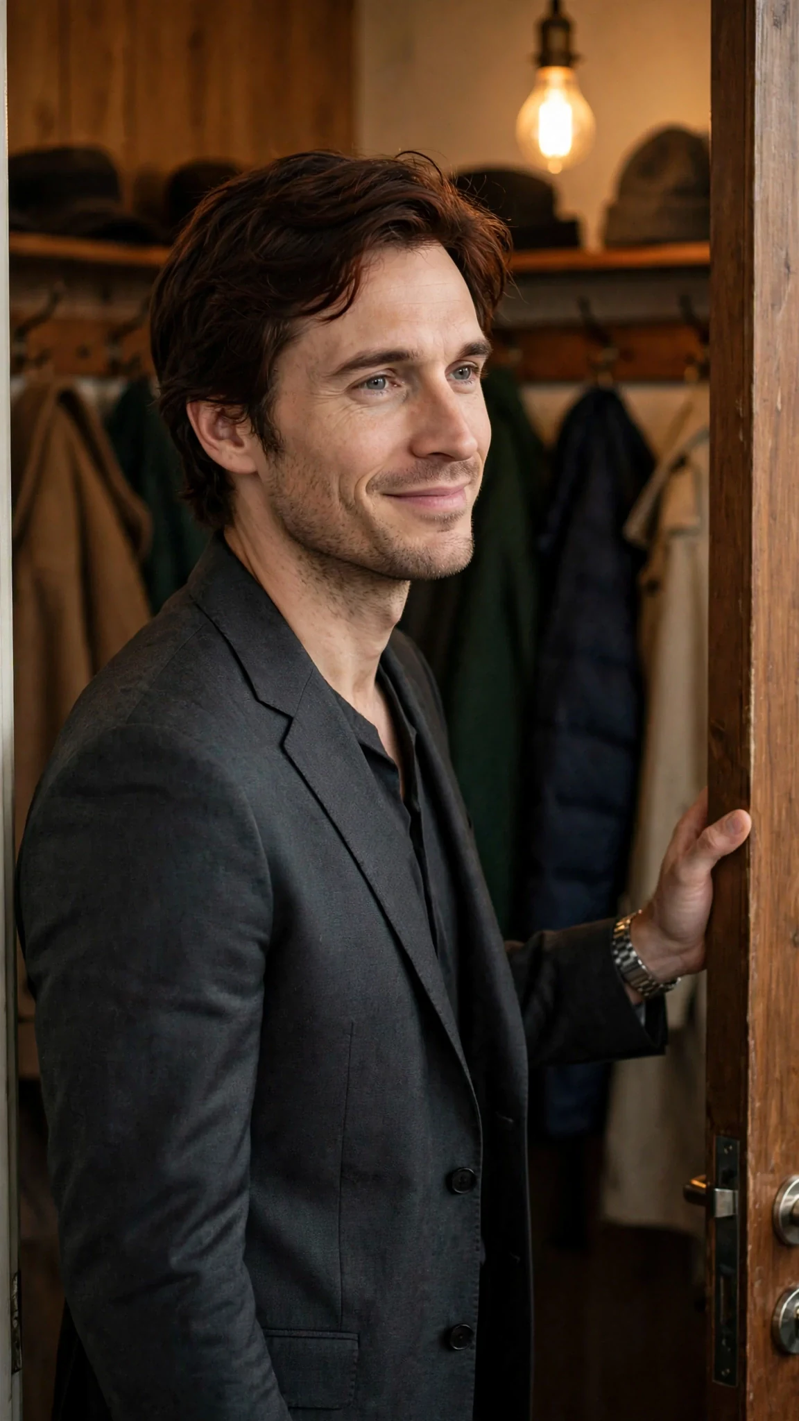 A lean man with dark auburn hair and gray eyes leans in the coat room doorway, no tie.