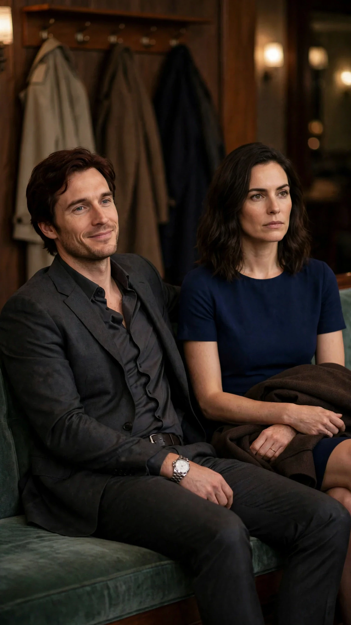 The man in the charcoal suit sits down on the coat room bench beside Lena.