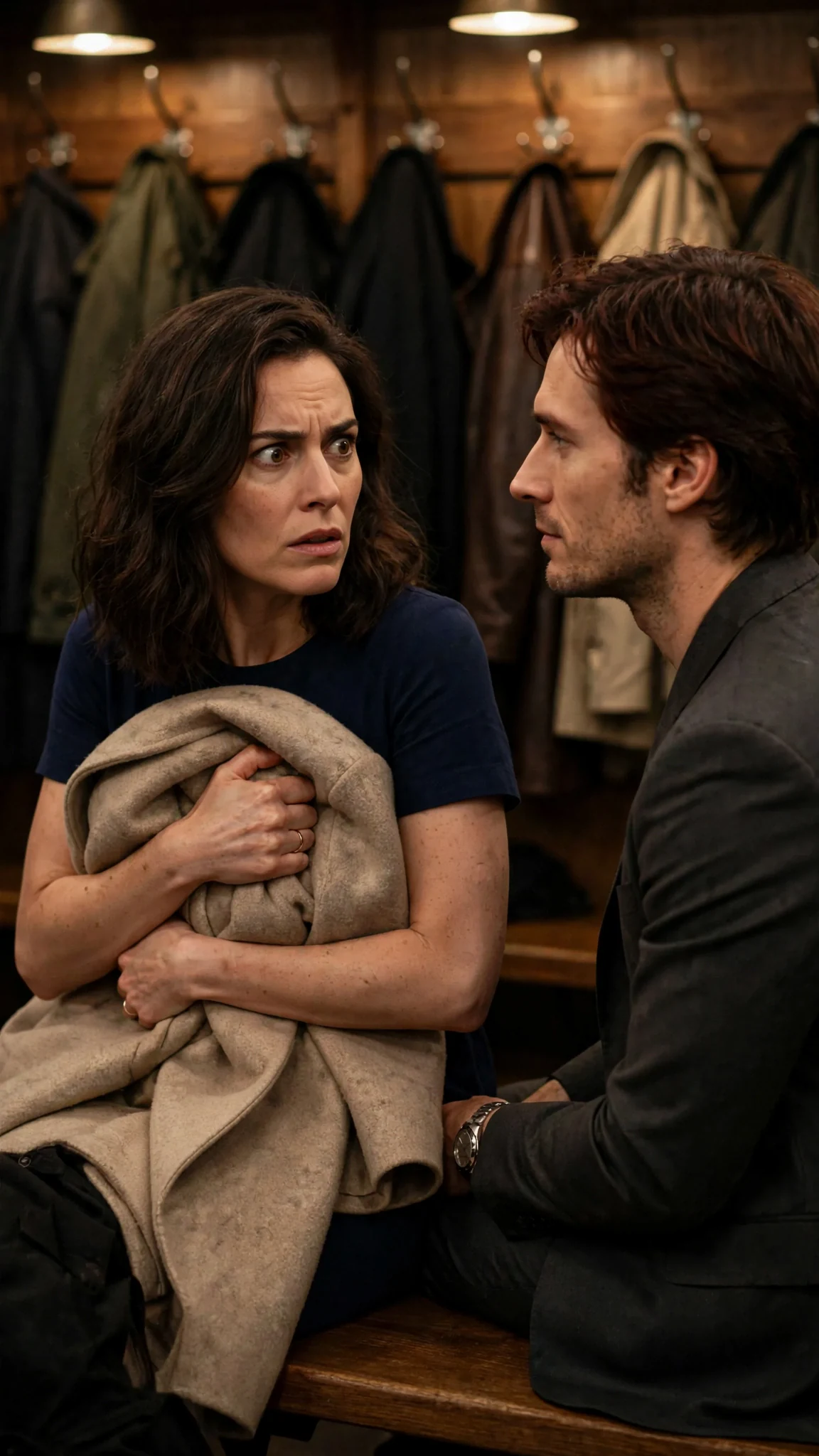 Lena turns to stare at him, coat clutched against her chest.