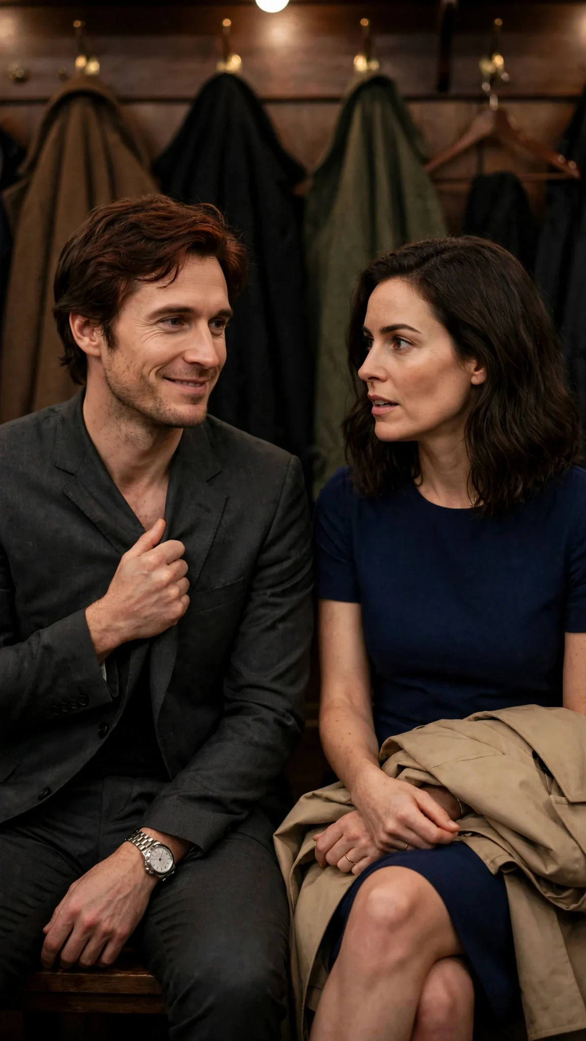 Kellan gestures at his own suit, half smiling, while Lena's mouth opens.