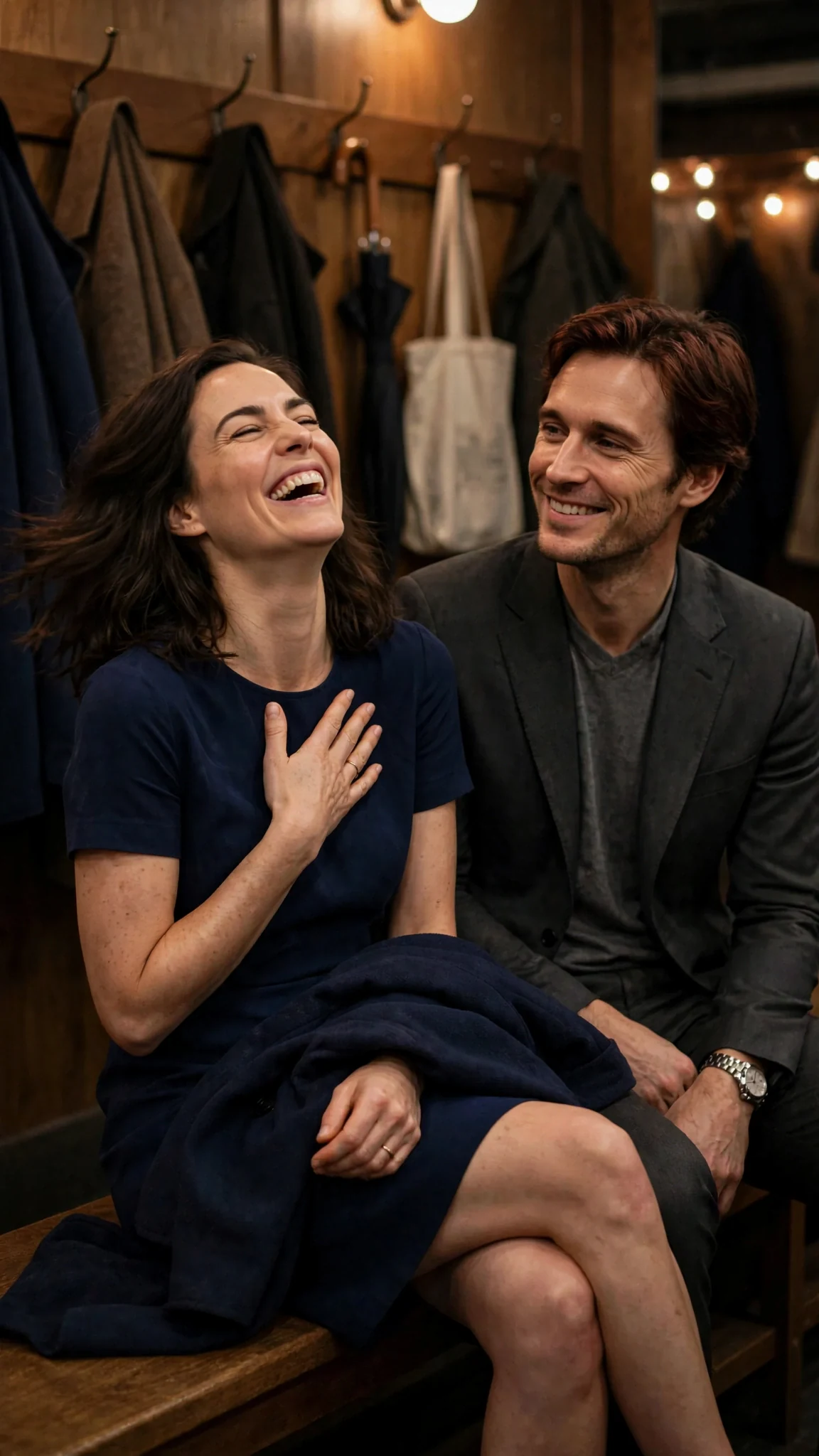 Lena laughs, head back, coat sliding off her lap.