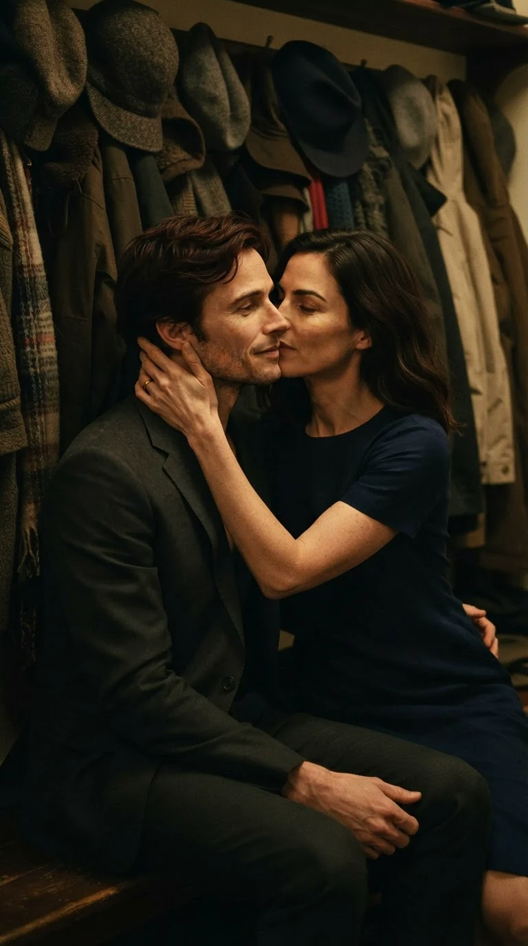Lena kisses Kellan in the coat room, her hand at the back of his neck.