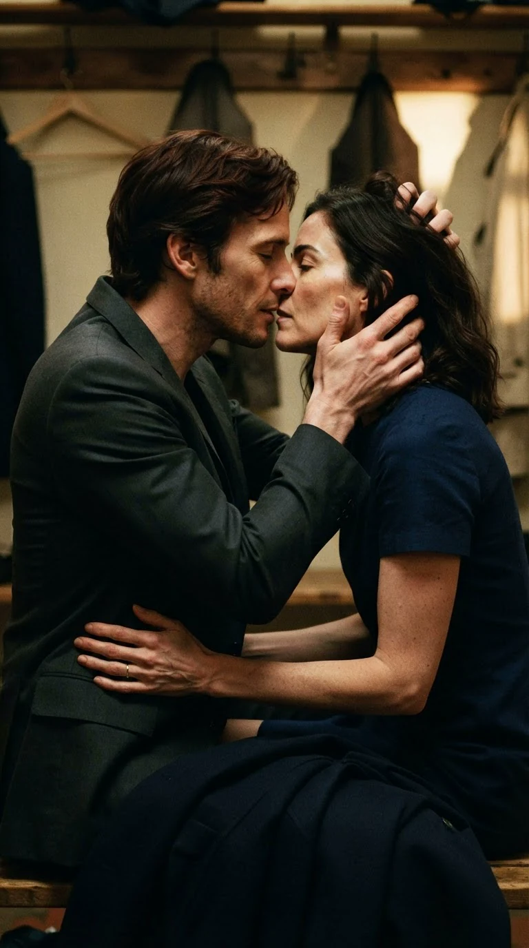 The kiss deepens, his hand on her waist, her coat on the floor.