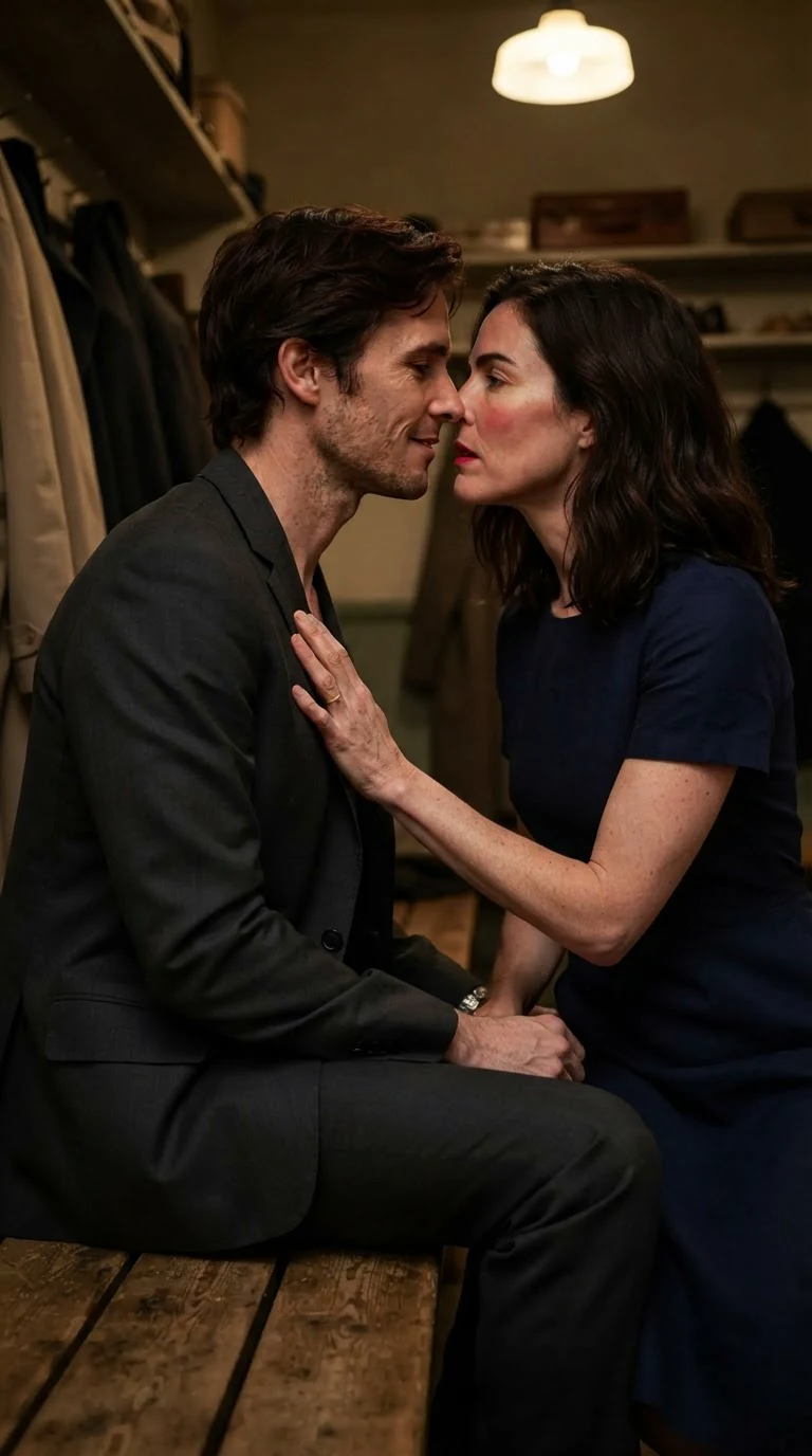Lena pulls back, flushed, lips red, palm flat on his chest.