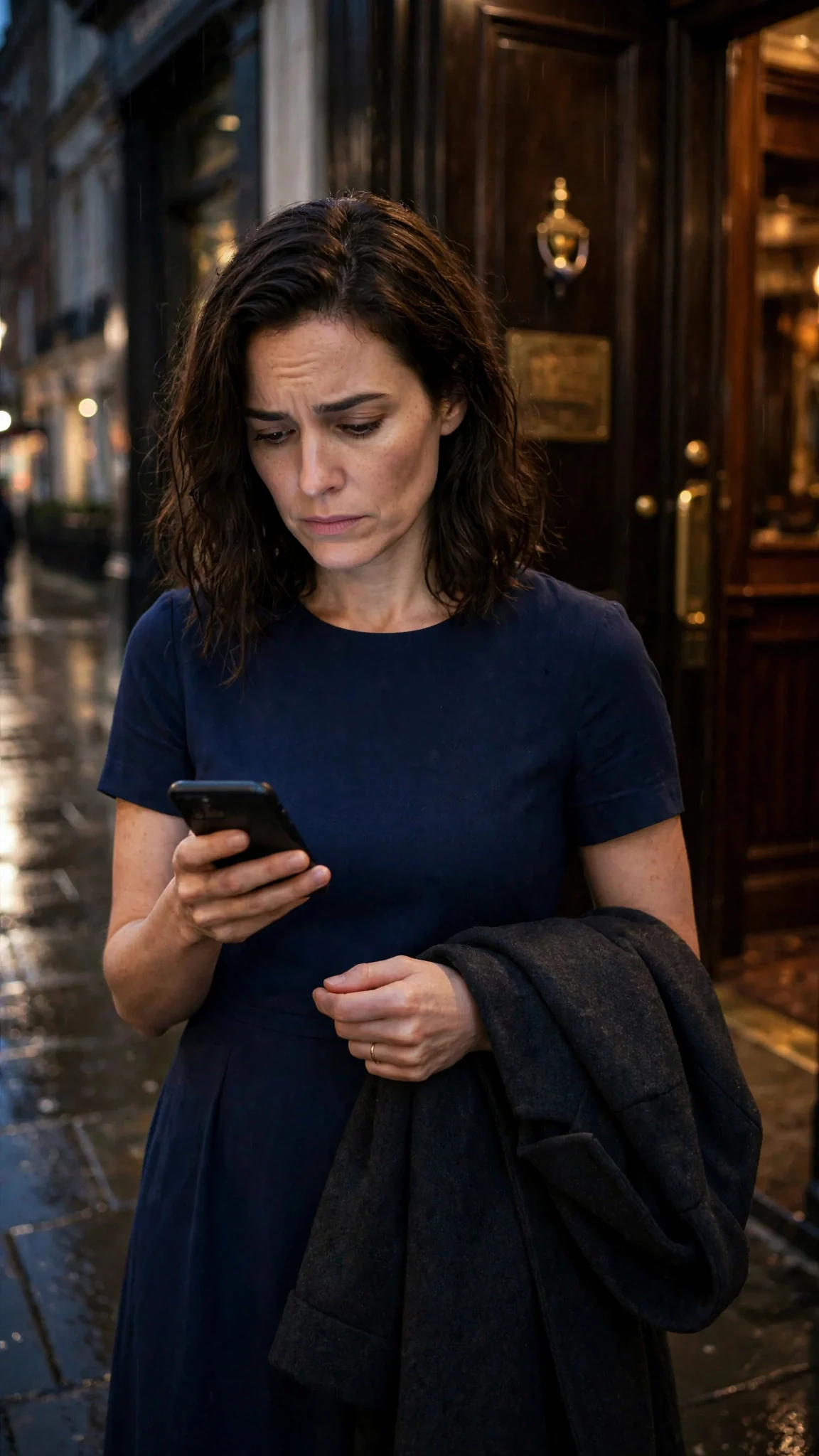 Lena stands outside Grant's private club at night, checking her phone.