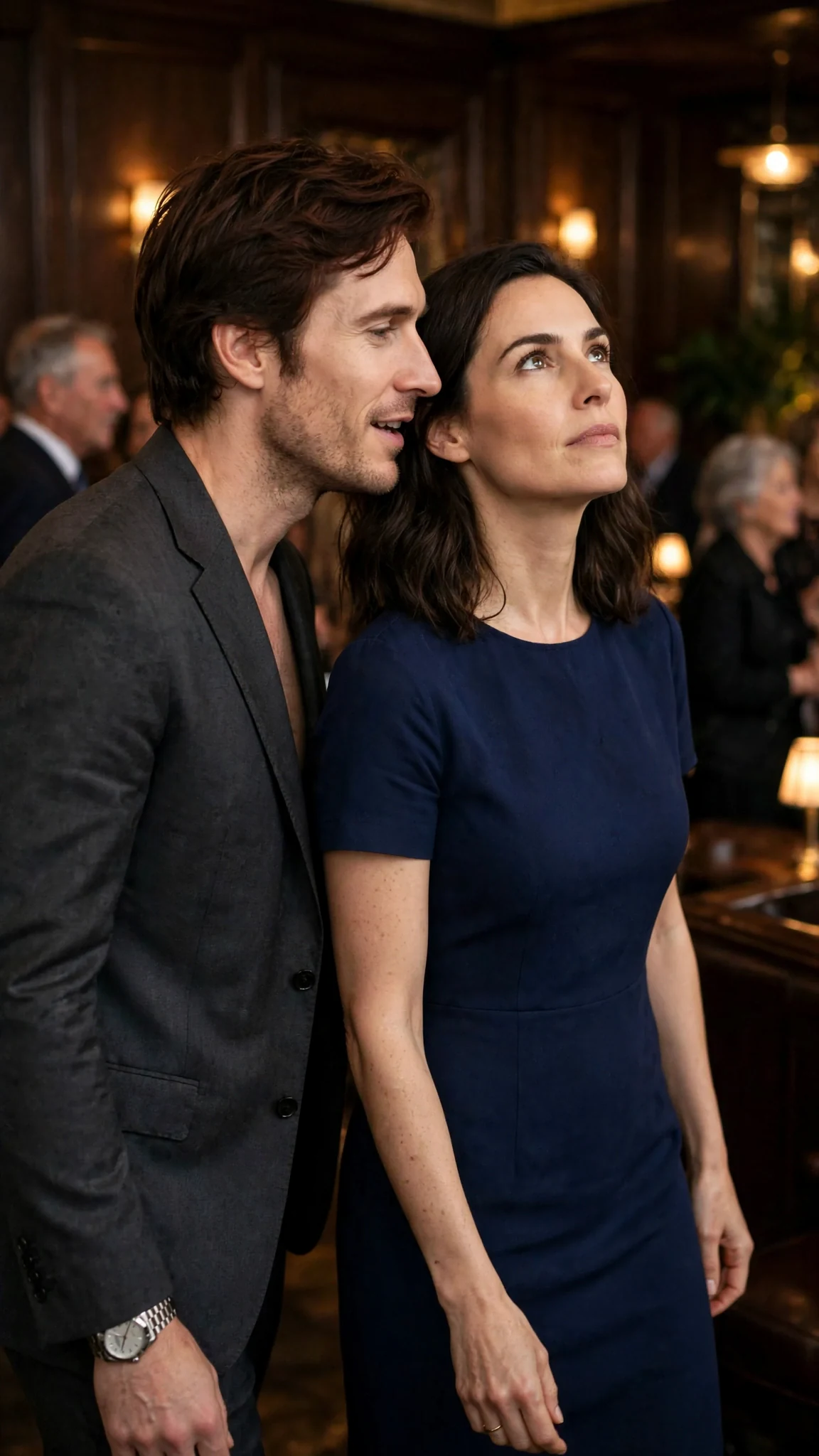Kellan and Lena walk through the dark wood club.