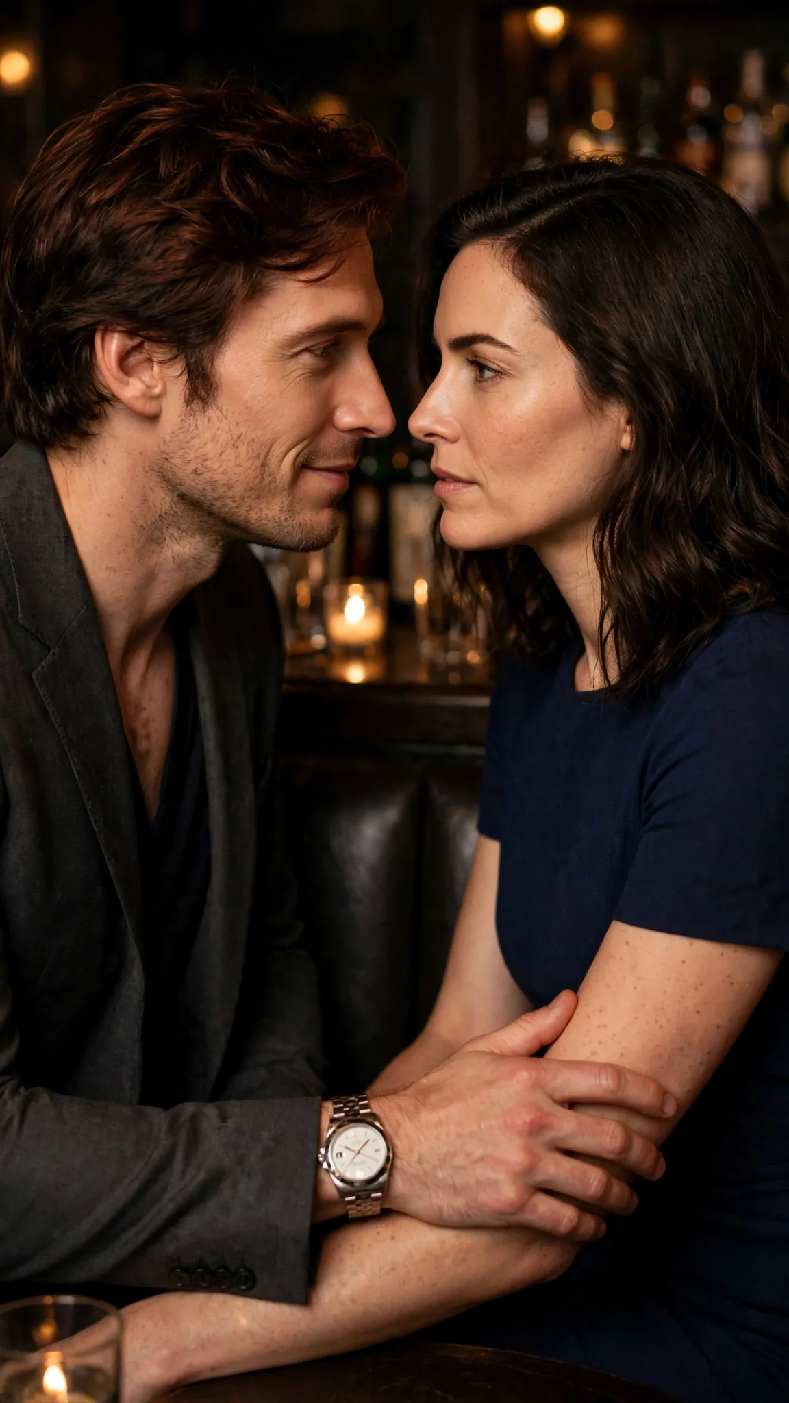 Kellan's hand slides down Lena's arm in the booth.