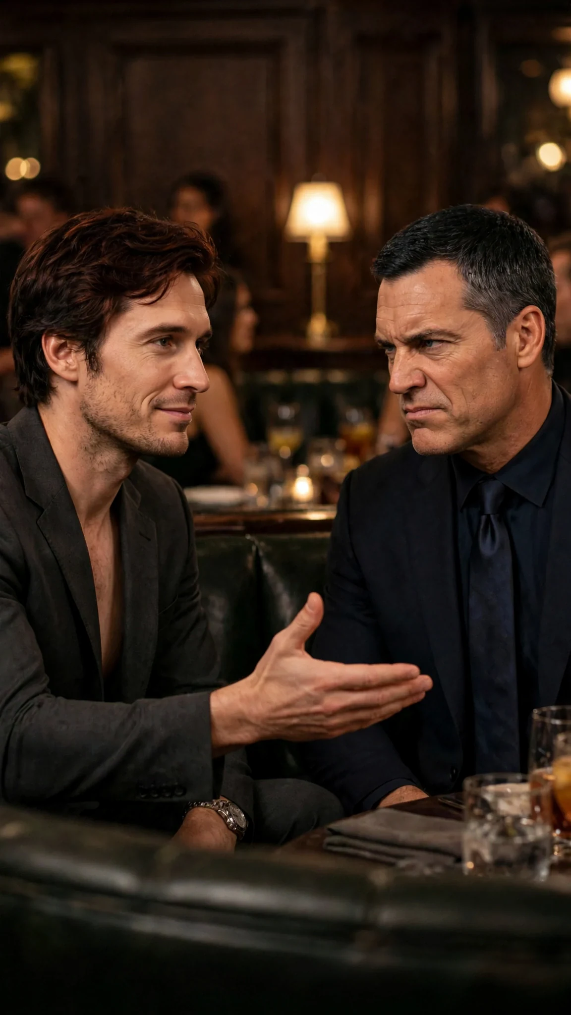 Kellan rises out of the booth and offers Grant his hand.