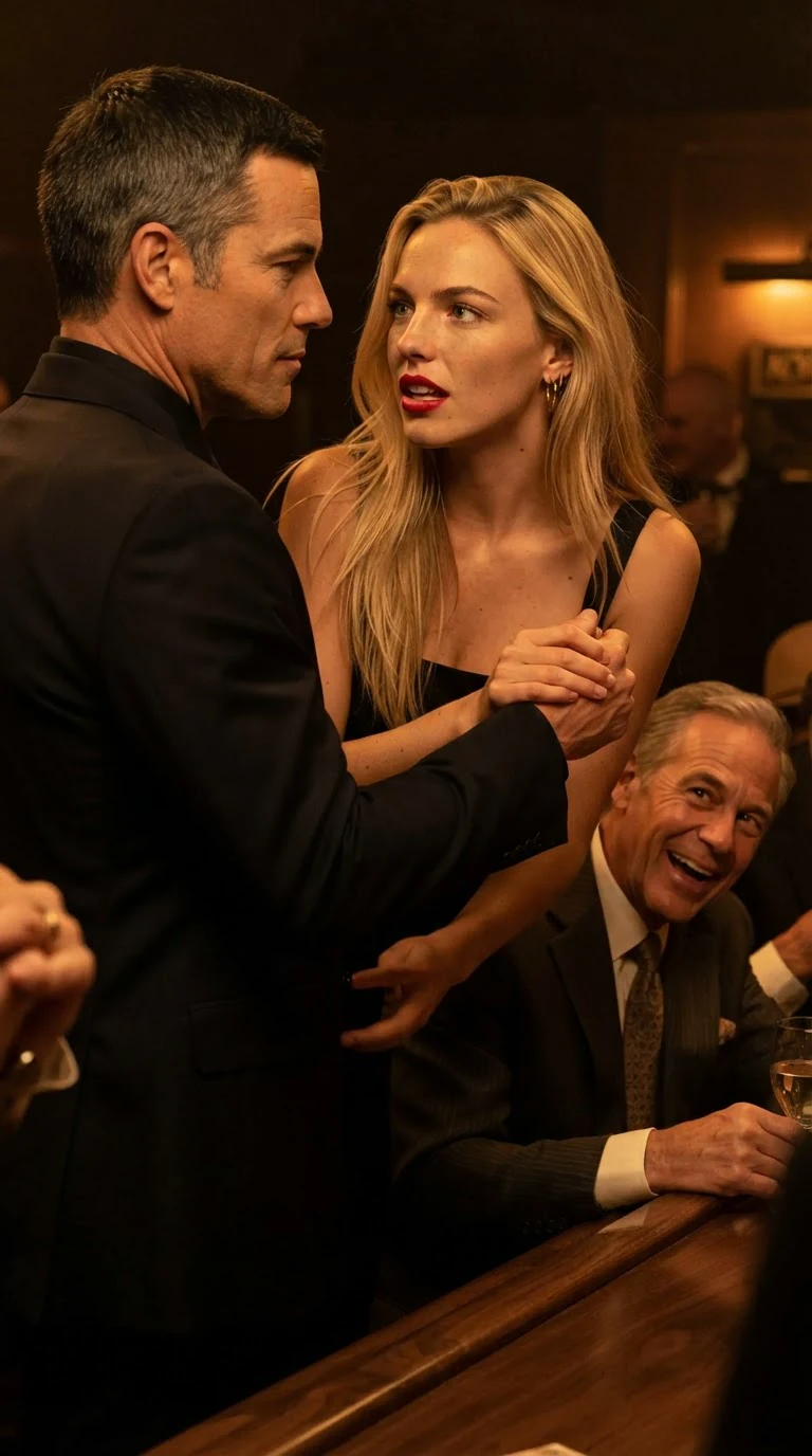Sloane touches Grant's sleeve, worried, as club guests stare.