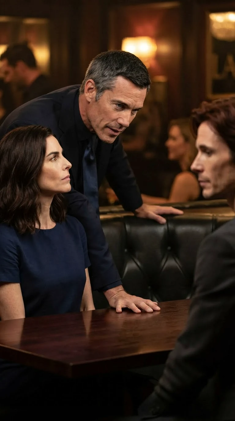 Grant leans low over the booth to speak to Lena.
