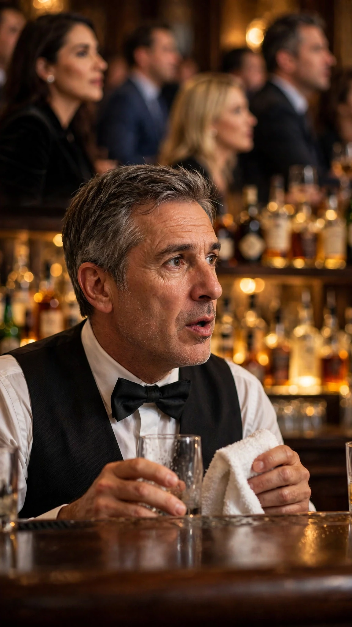 The bartender pauses mid-wipe as Lena speaks.