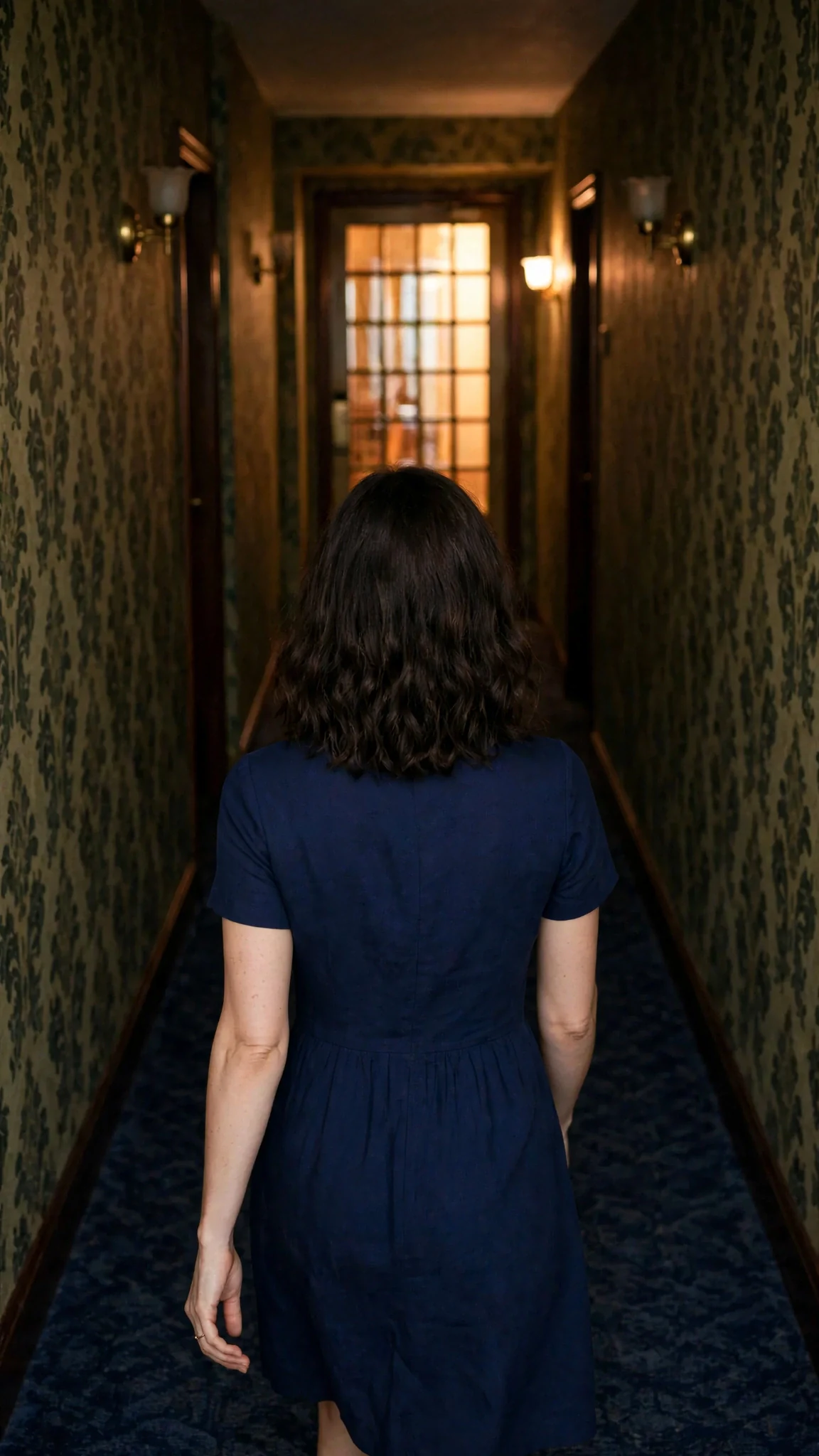 Lena walks down the dim corridor toward a lit glass door.