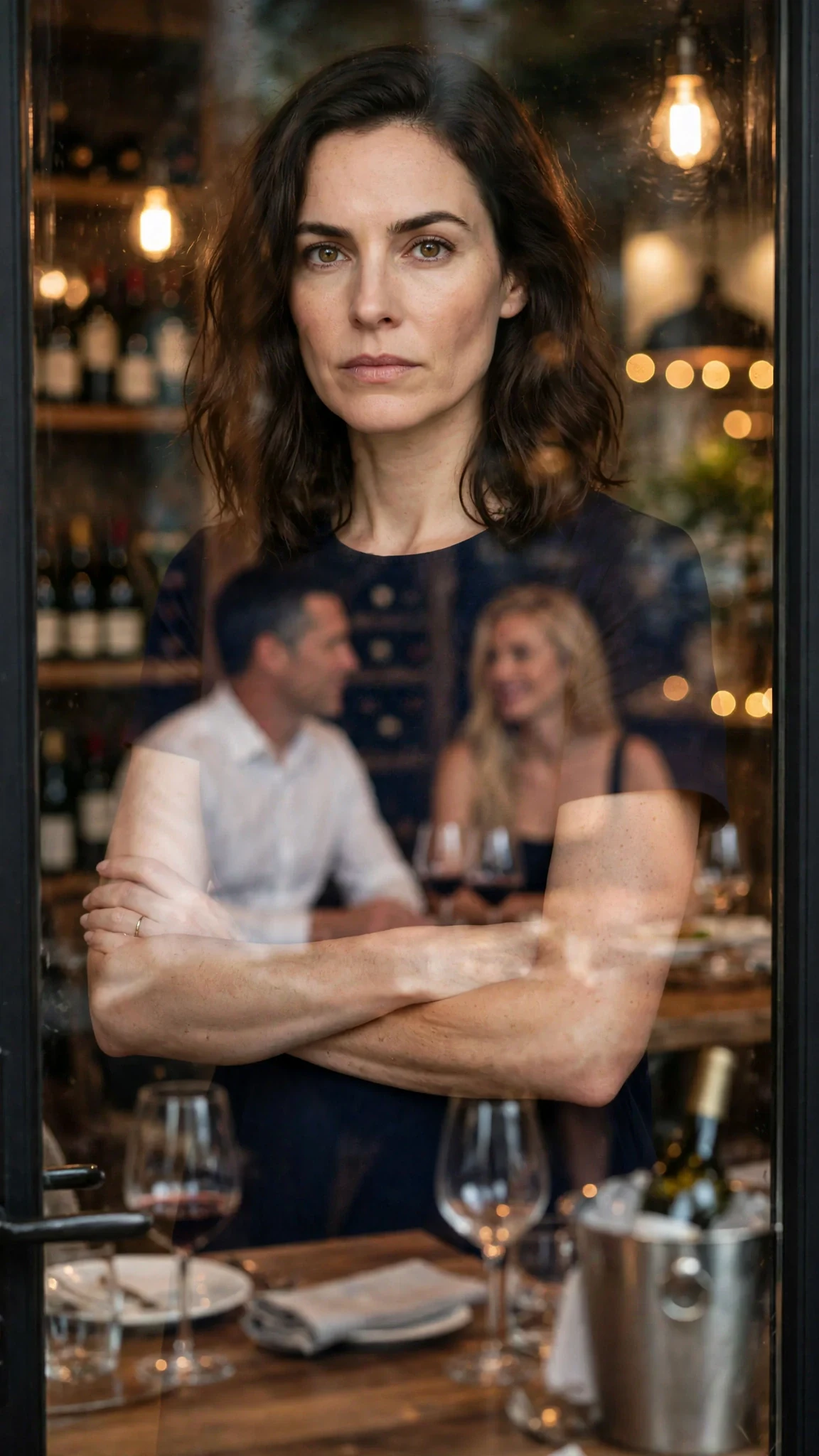 Lena watches through the glass, her face still.