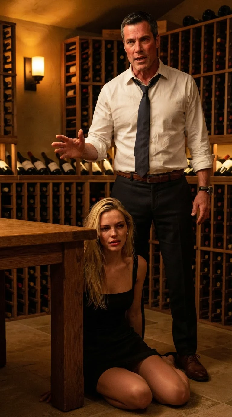 Grant points a finger toward Lena, belt still open, Sloane forgotten behind him.