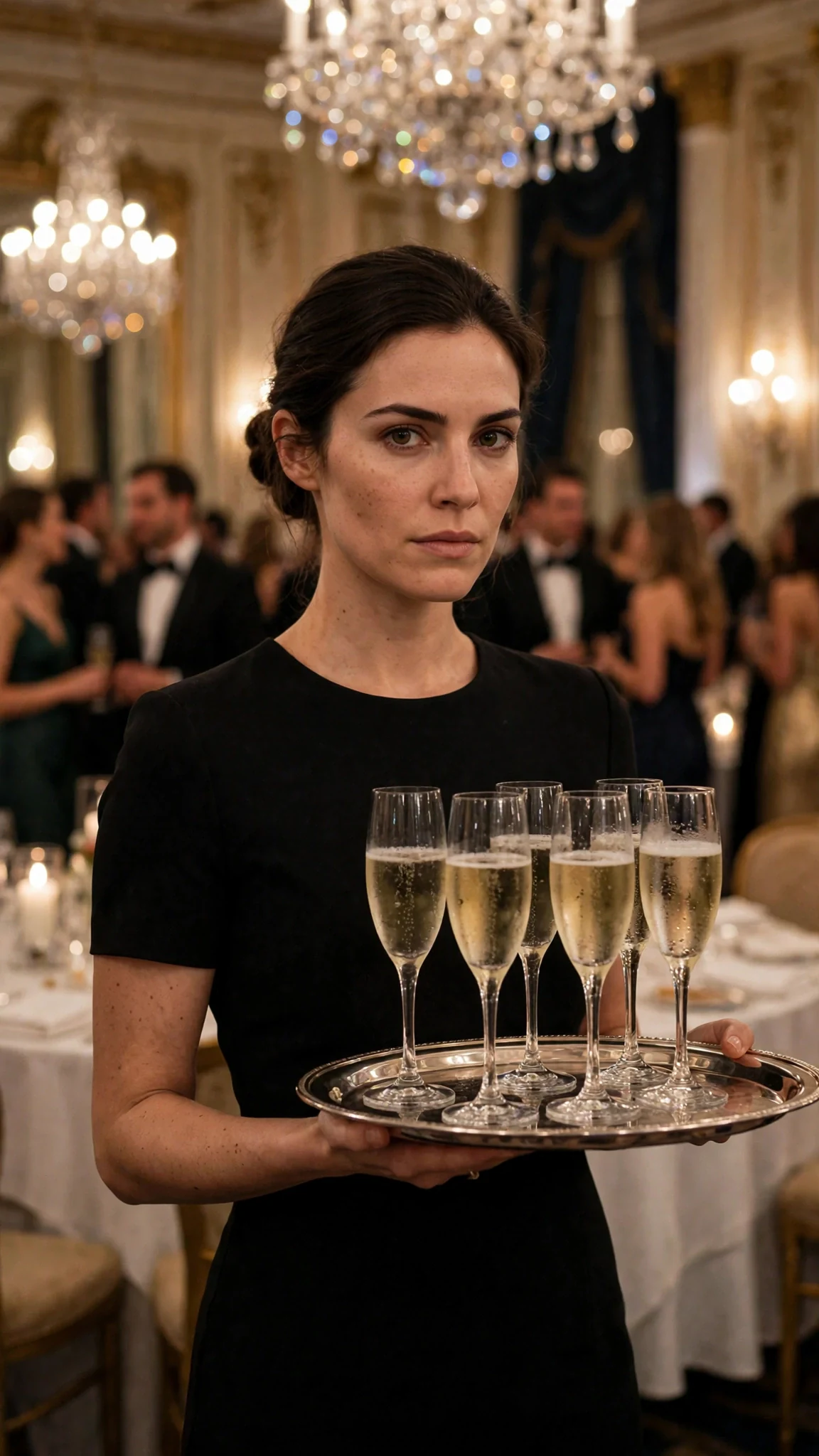 Brenna carries a champagne tray through a glittering perfume launch party.