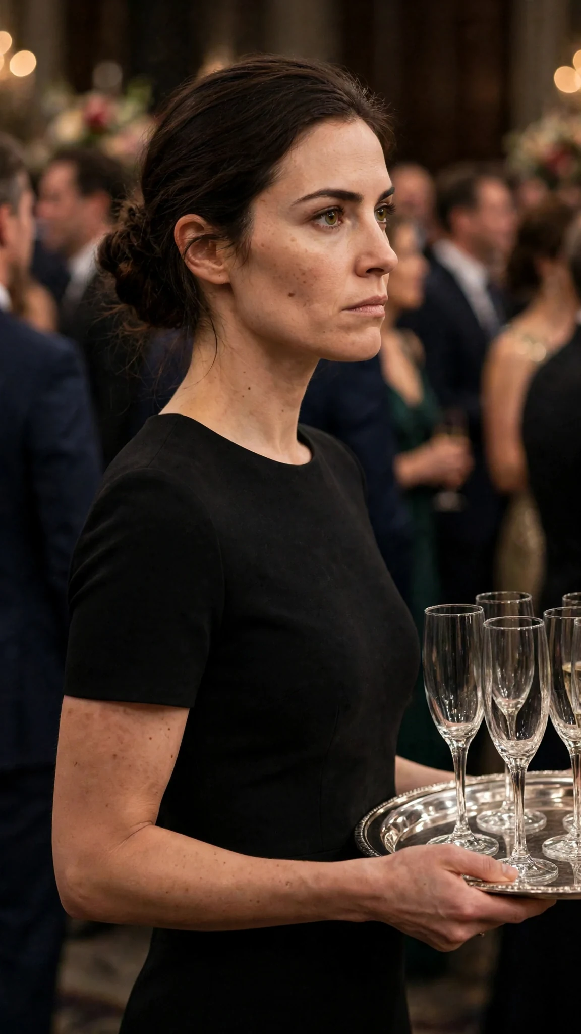 Brenna stands among guests, jaw tight, staring at the stage.