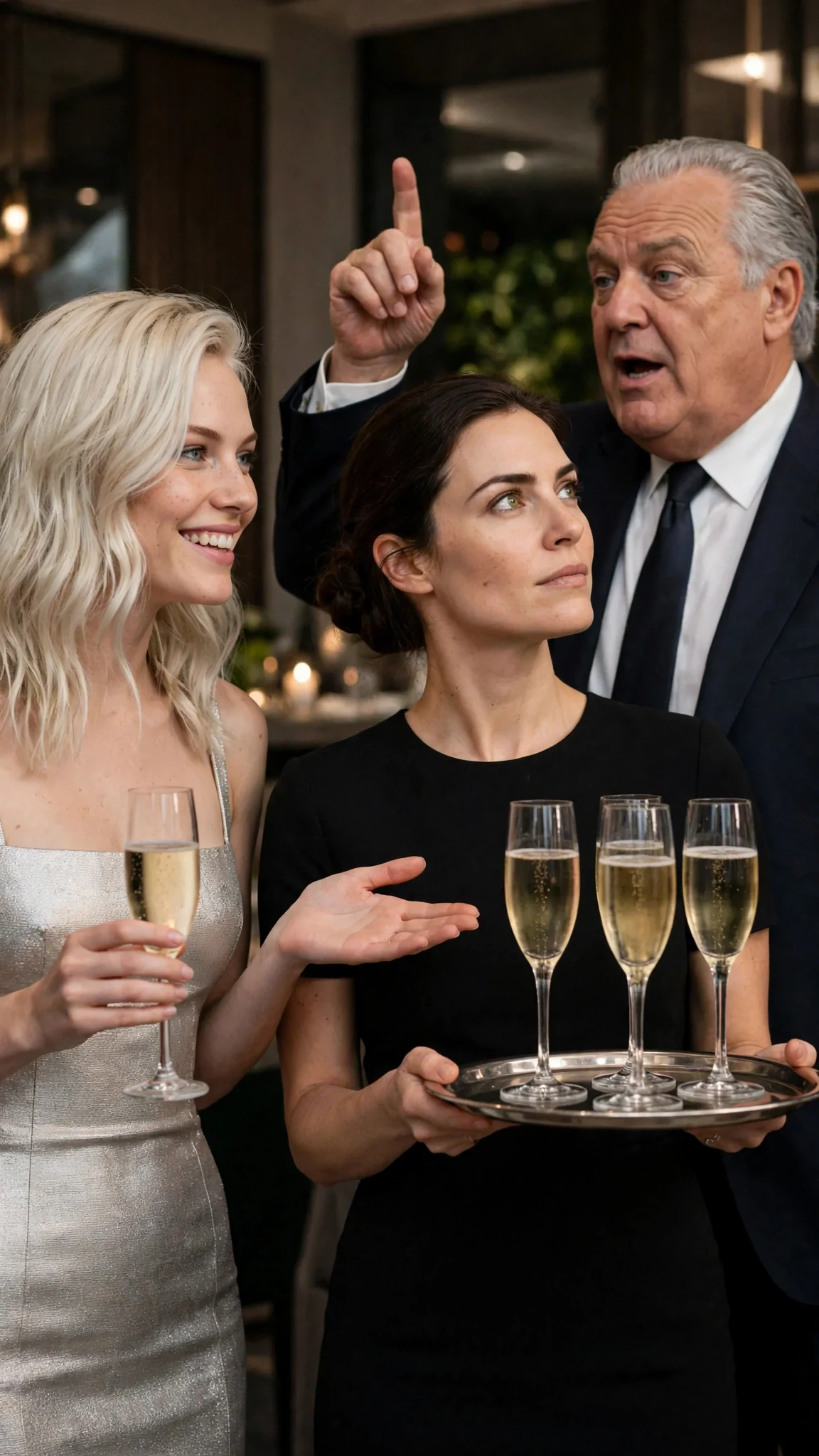 Roselle smiles at guests and gestures at Brenna while Bertrand points.