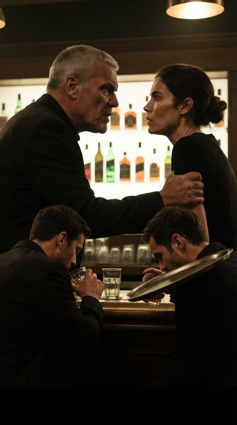 Arlo grips Brenna's arm at the bar and speaks into her ear.