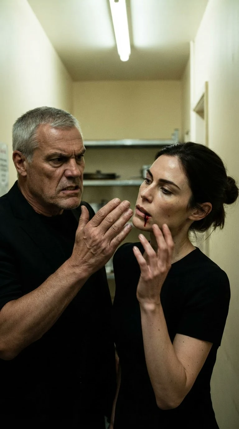 Brenna's head snaps sideways in a service corridor after a slap.