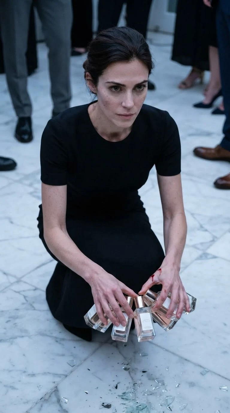 Brenna kneels in her black dress, rebuilding the display with bleeding hands.