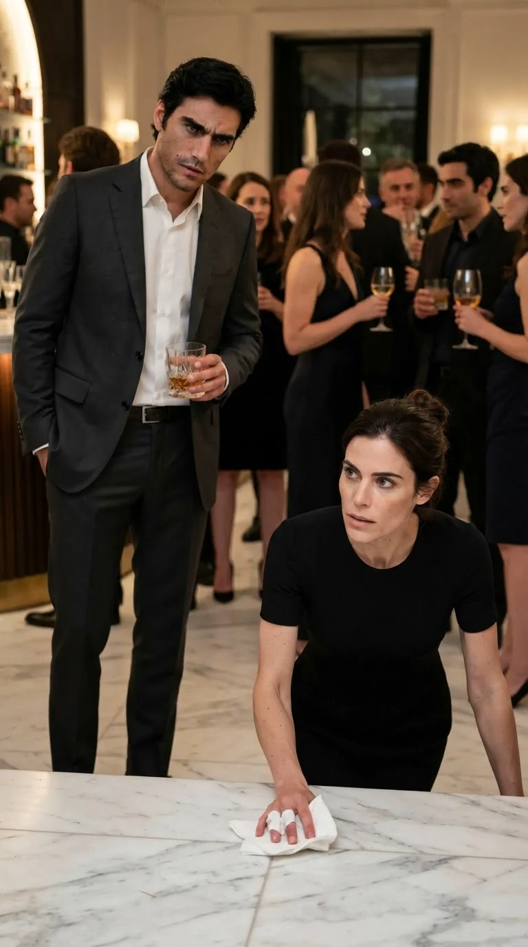 Evren watches her from a few steps away, glass in hand.