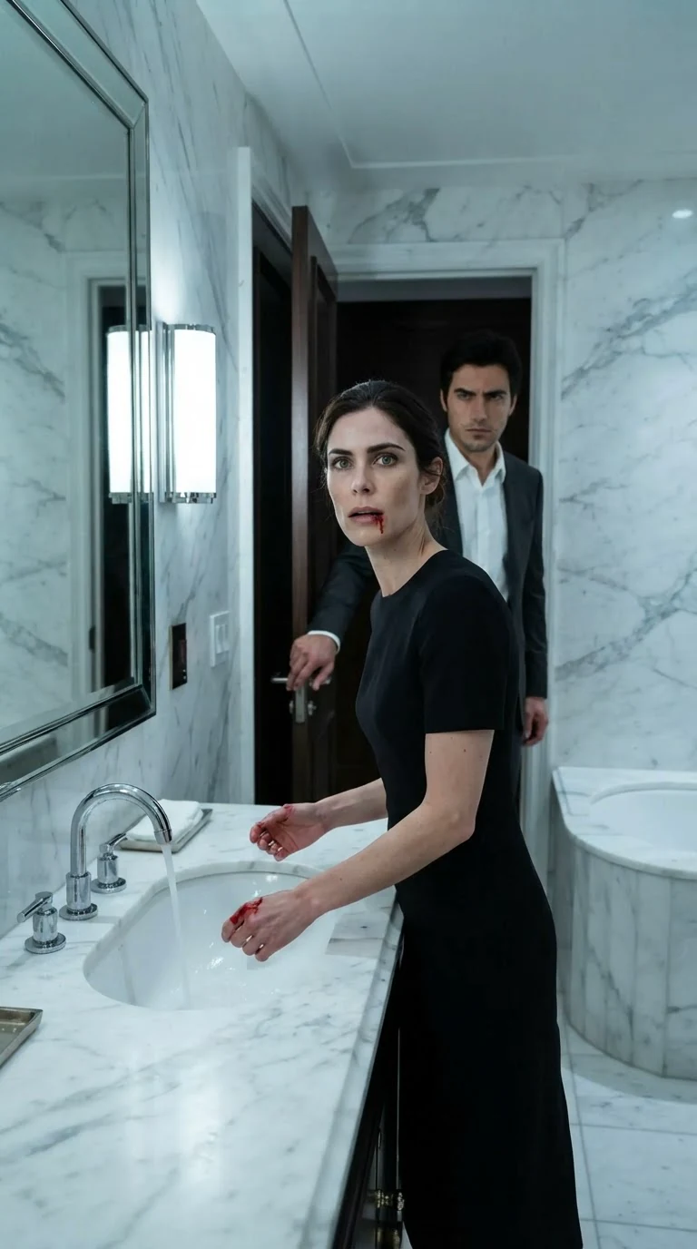 Brenna washes blood from her mouth in a marble washroom as Evren appears in the doorway.