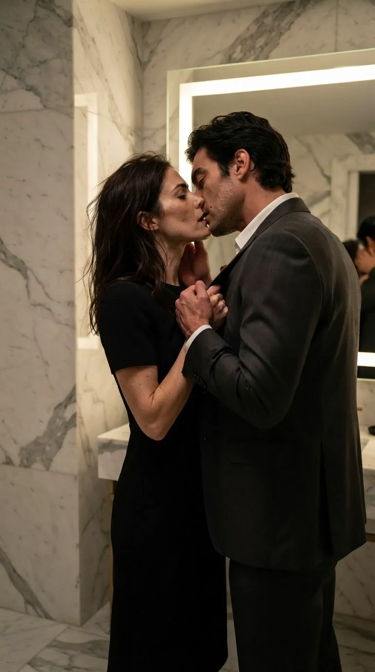 Brenna pulls Evren down into a kiss, her hands fisted in his jacket.