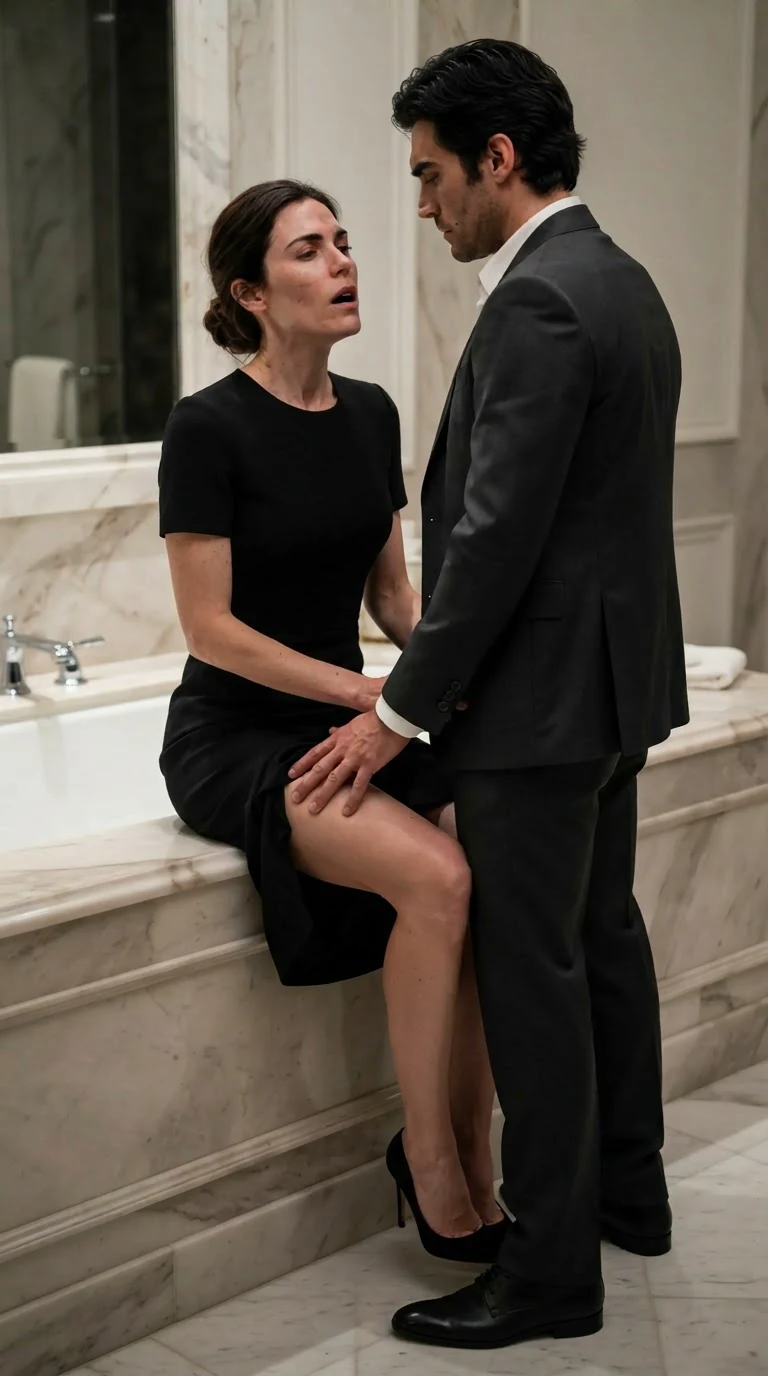 Brenna sits on the marble tub edge and presses Evren's hand under her dress.