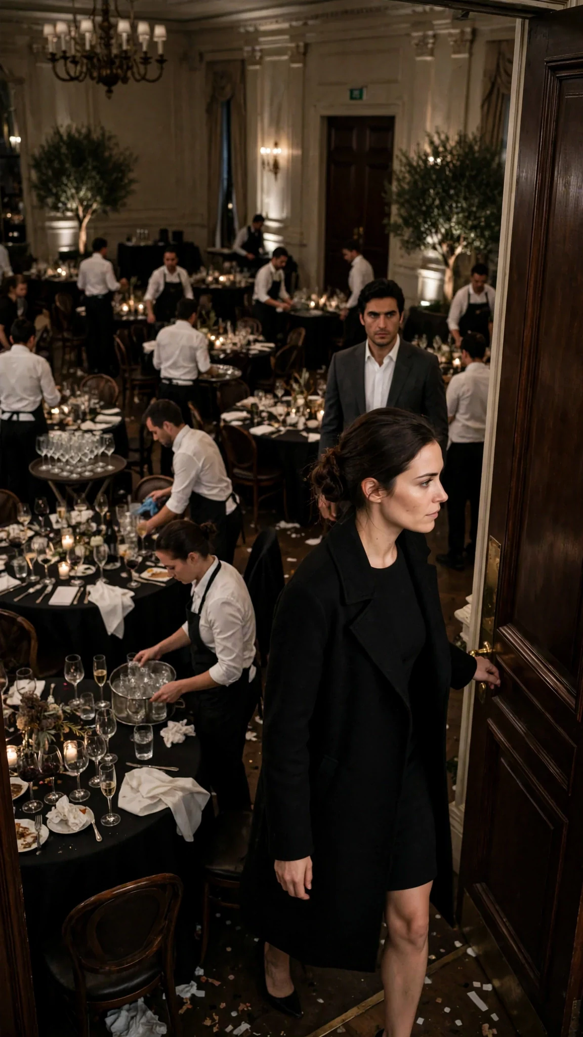 Brenna leaves the ballroom through a side door while Evren turns his head.