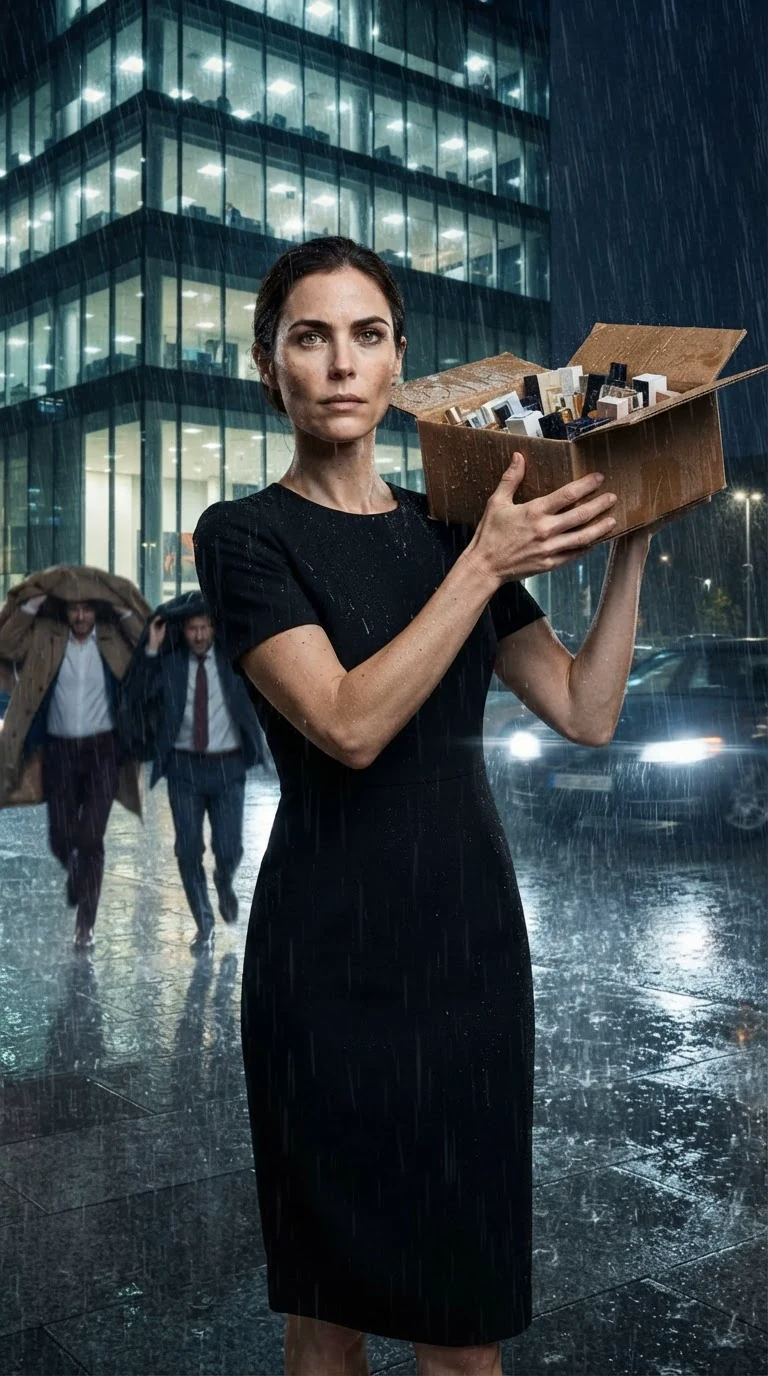A woman in a black dress carries a box of perfume samples through heavy rain outside a glass tower at night.