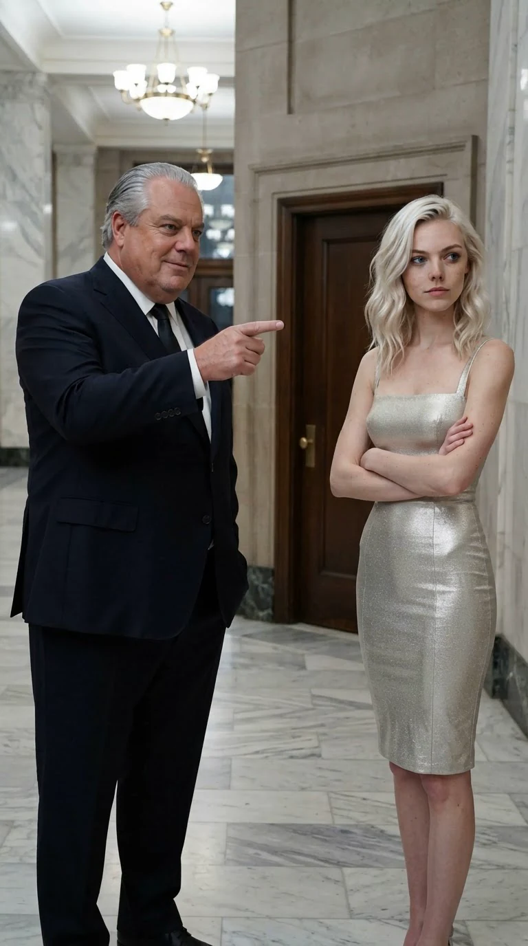 A silver-haired man in a dark suit points toward a basement door while a blonde woman stands beside him.