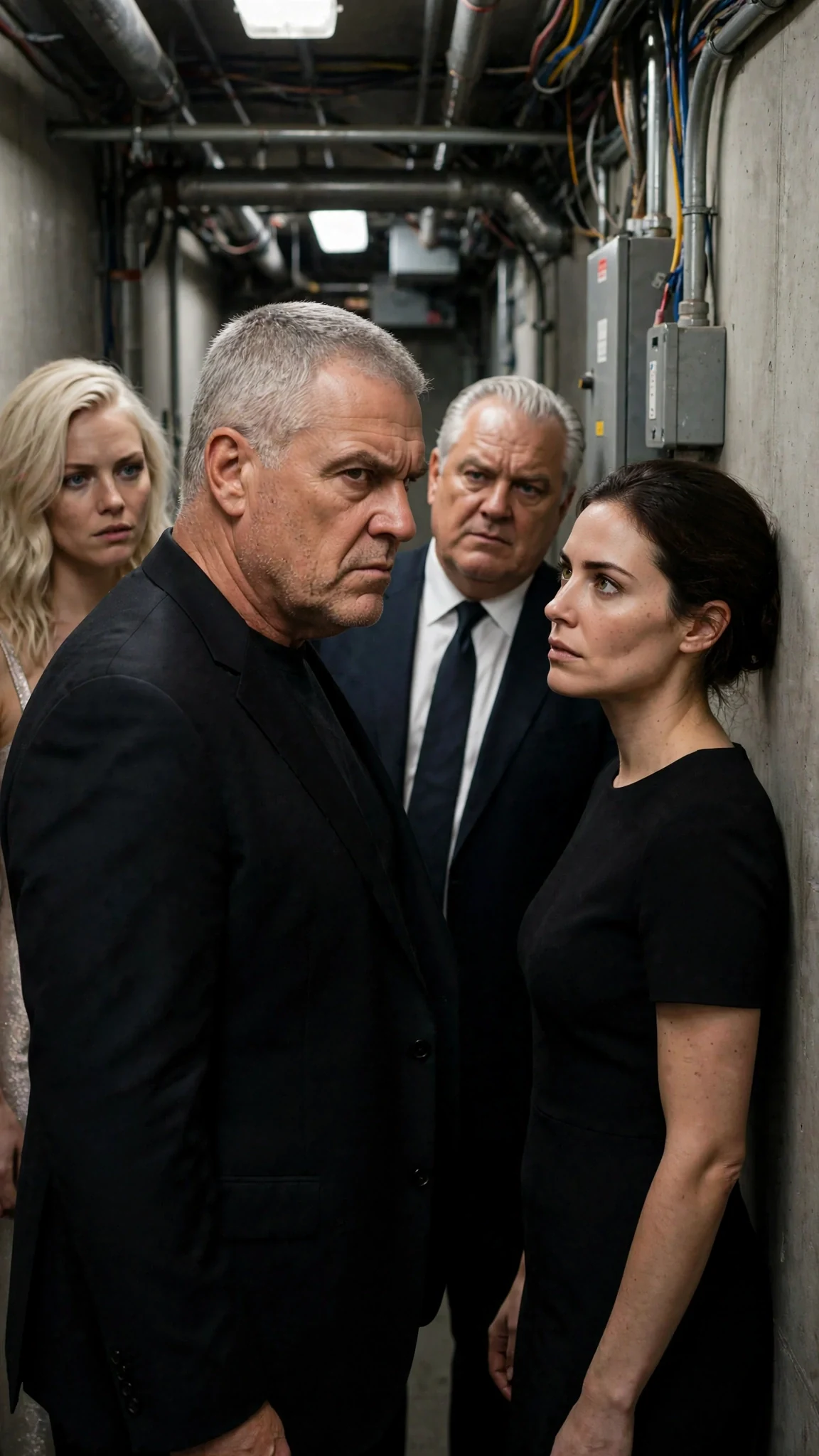 A broad gray-haired man blocks a narrow corridor, looming over a woman in a black dress.