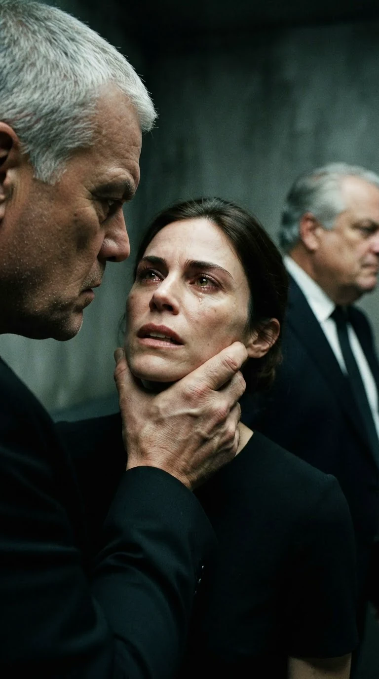 A man grips a woman's jaw and forces her face up while another man looks away.