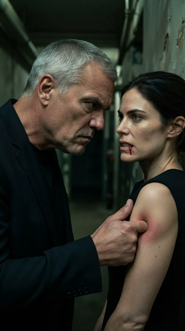 A gray-haired man leans close and digs his thumb into a woman's arm.