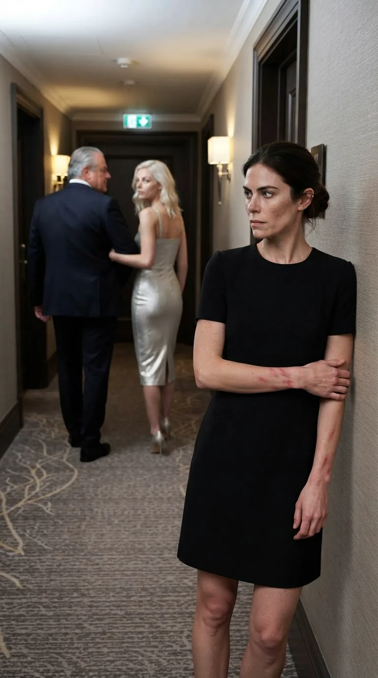 A man and a blonde woman walk away, leaving a bruised woman alone in a corridor.