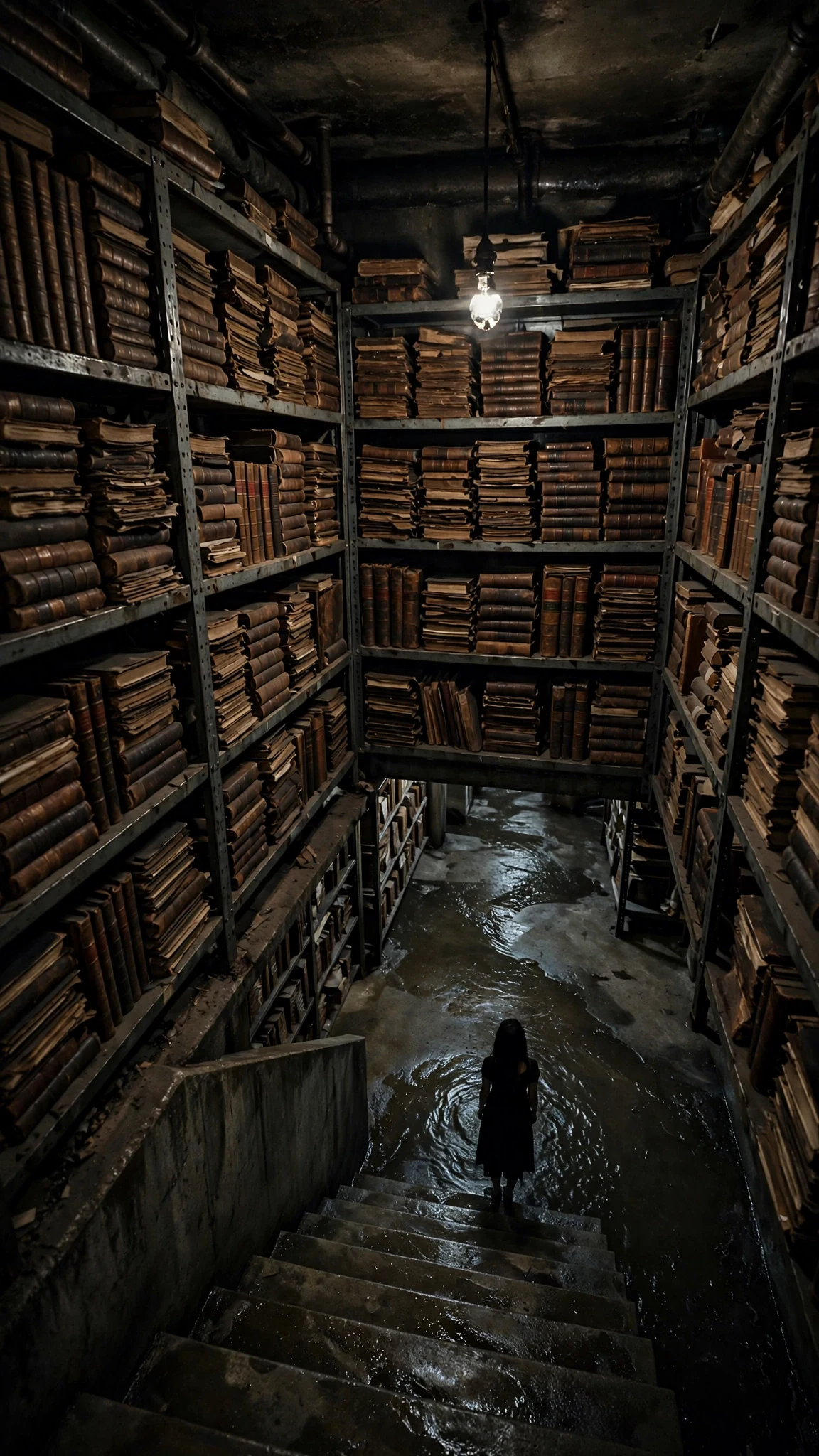A dark basement archive with shelves of ledgers and water spreading across the floor.