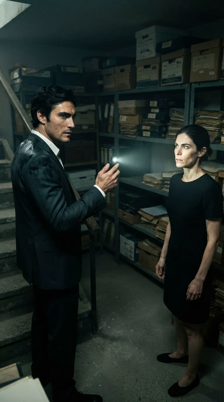 A tall dark-haired man in a wet suit shines a phone light into a dark archive.