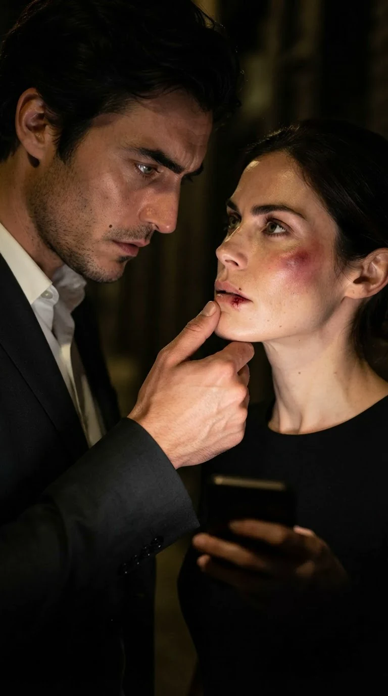 A man reaches toward a woman's split lip in the dark, lit by a phone.