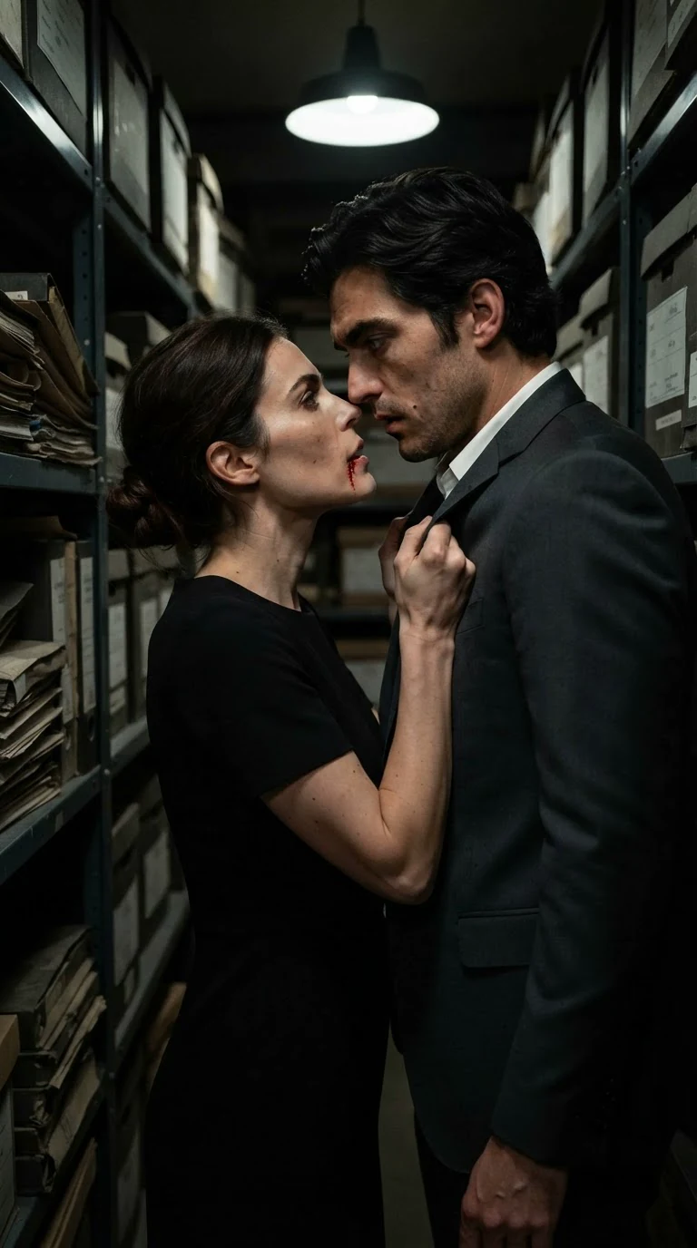 A woman in a black dress pulls a tall man down by his jacket and kisses him.