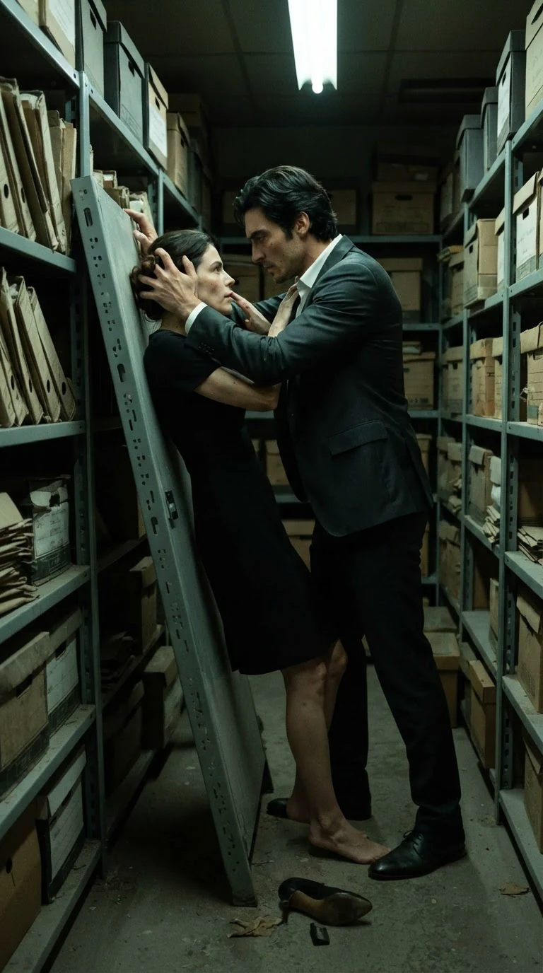 A man presses a woman against archive shelves, her hands in his hair.